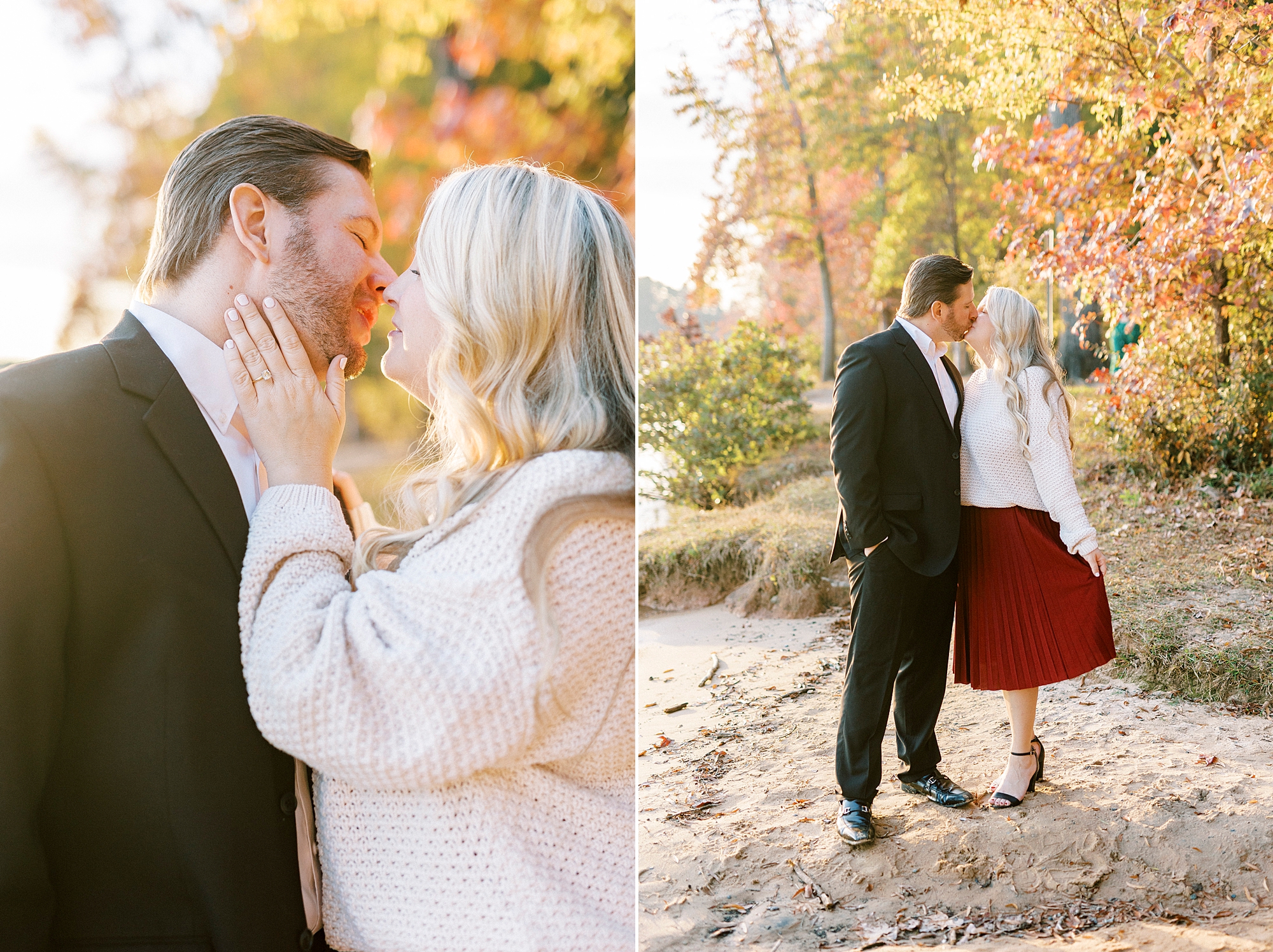 bride and groom lean in for kiss during Latta Nature Preserve engagement session