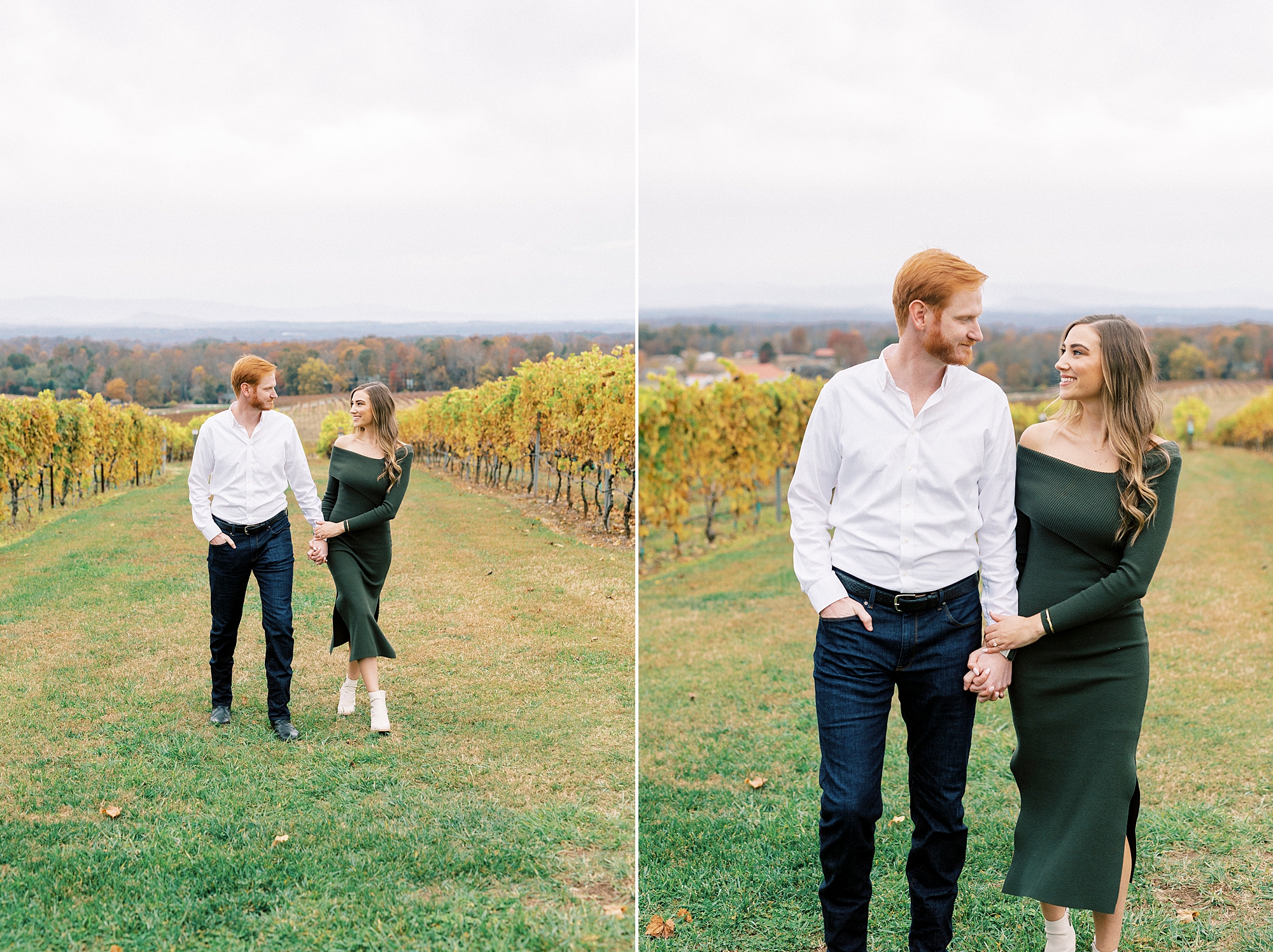 couple walks through vines at Raffaldini Vineyards in the fall 
