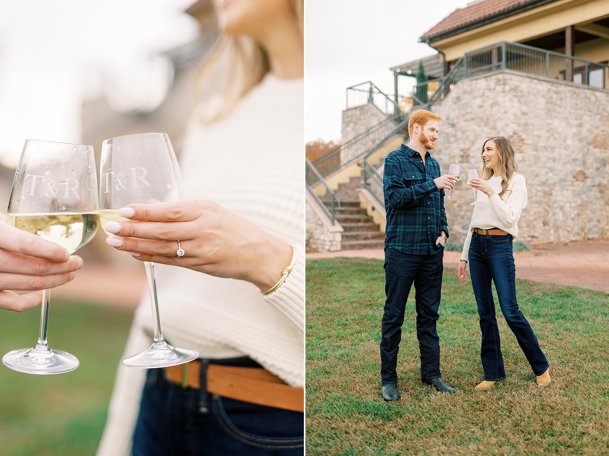 couple in casual outfits toast glasses outside Raffaldini Vineyards
