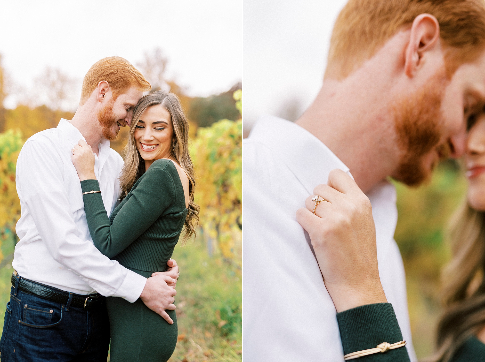 couple hugs close between vines at Raffaldini Vineyards