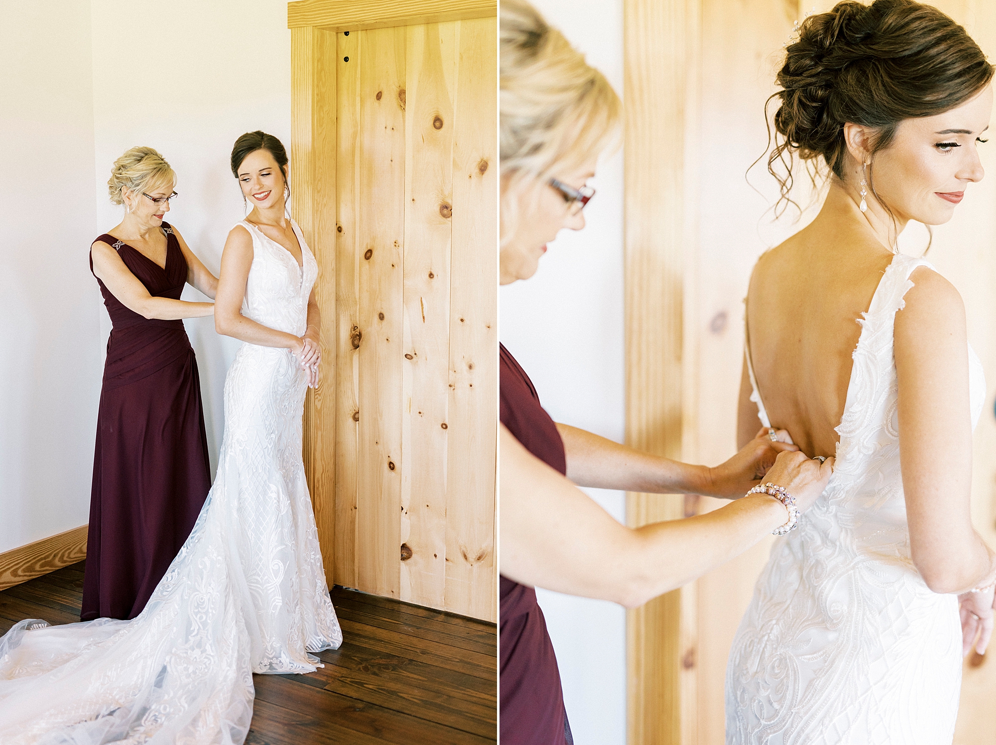 mother helps bride into wedding gown in NC