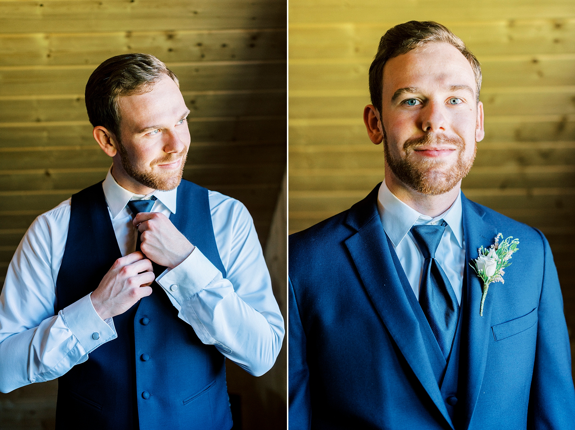 groom in navy suits prepares for NC wedding day 