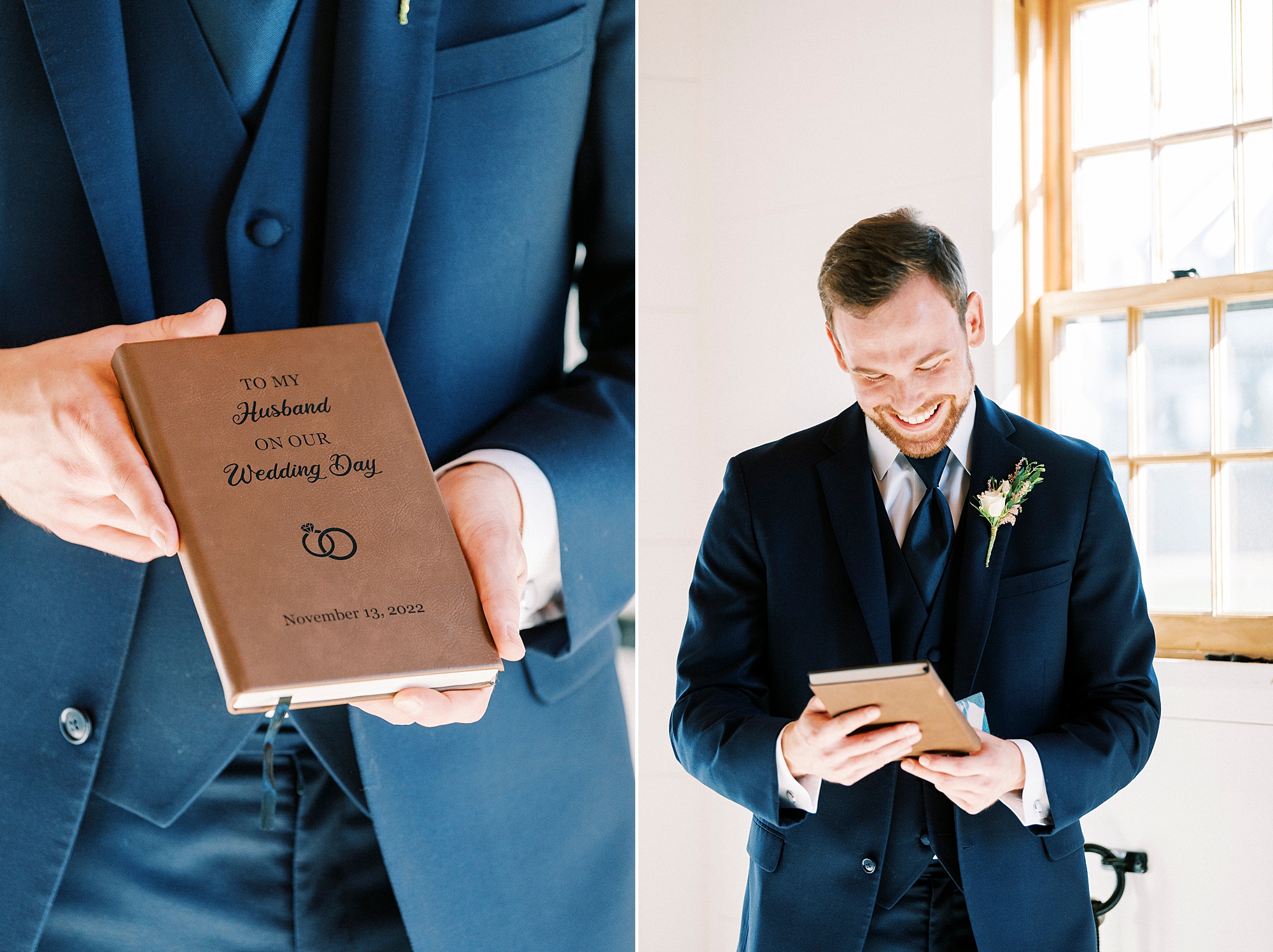 groom opens gift on wedding day from bride 