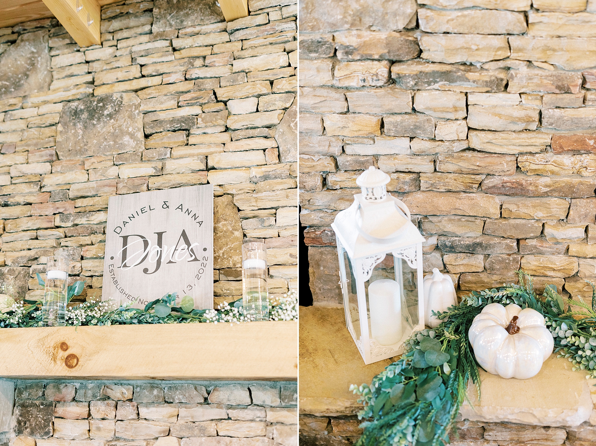lanterns and signs on wooden shelf at Chickadee Hill Farms