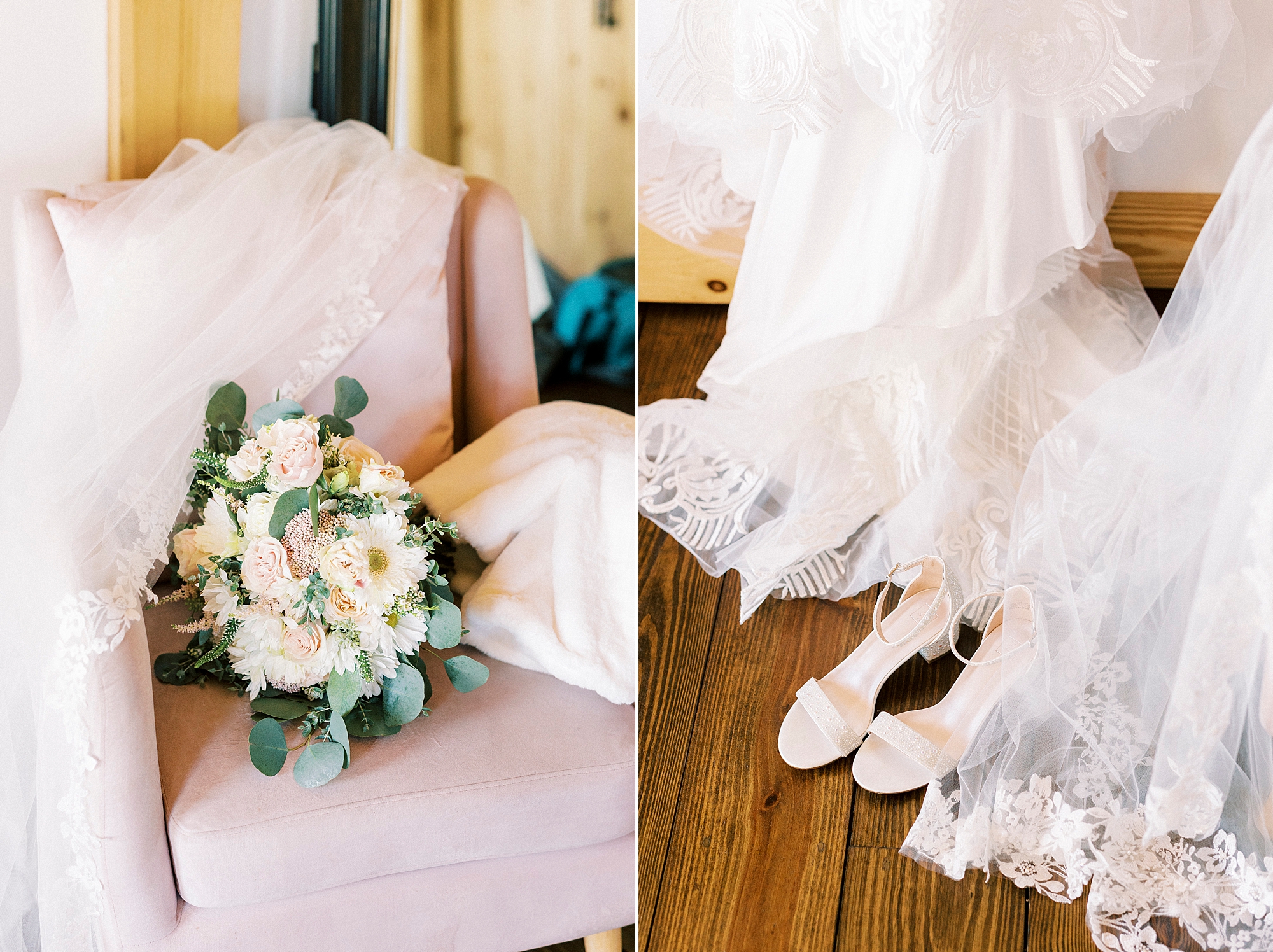wedding dress with shoes and bride's fall bouquet 