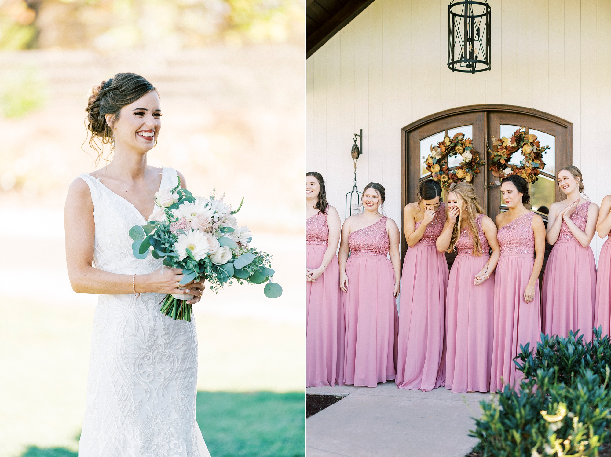 bride shows bridesmaids wedding day look during first look 