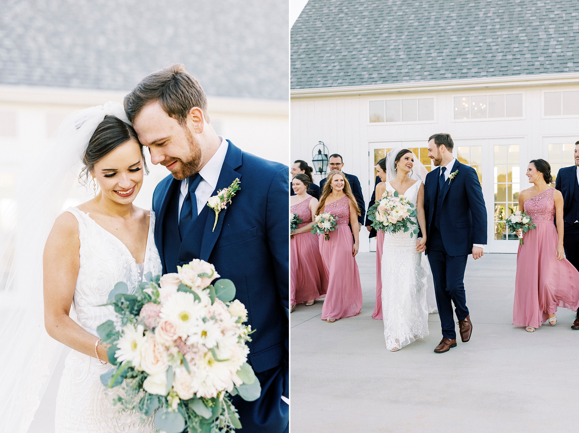 bride and groom hold hands walking in front of wedding party outside Chickadee Hill Farms