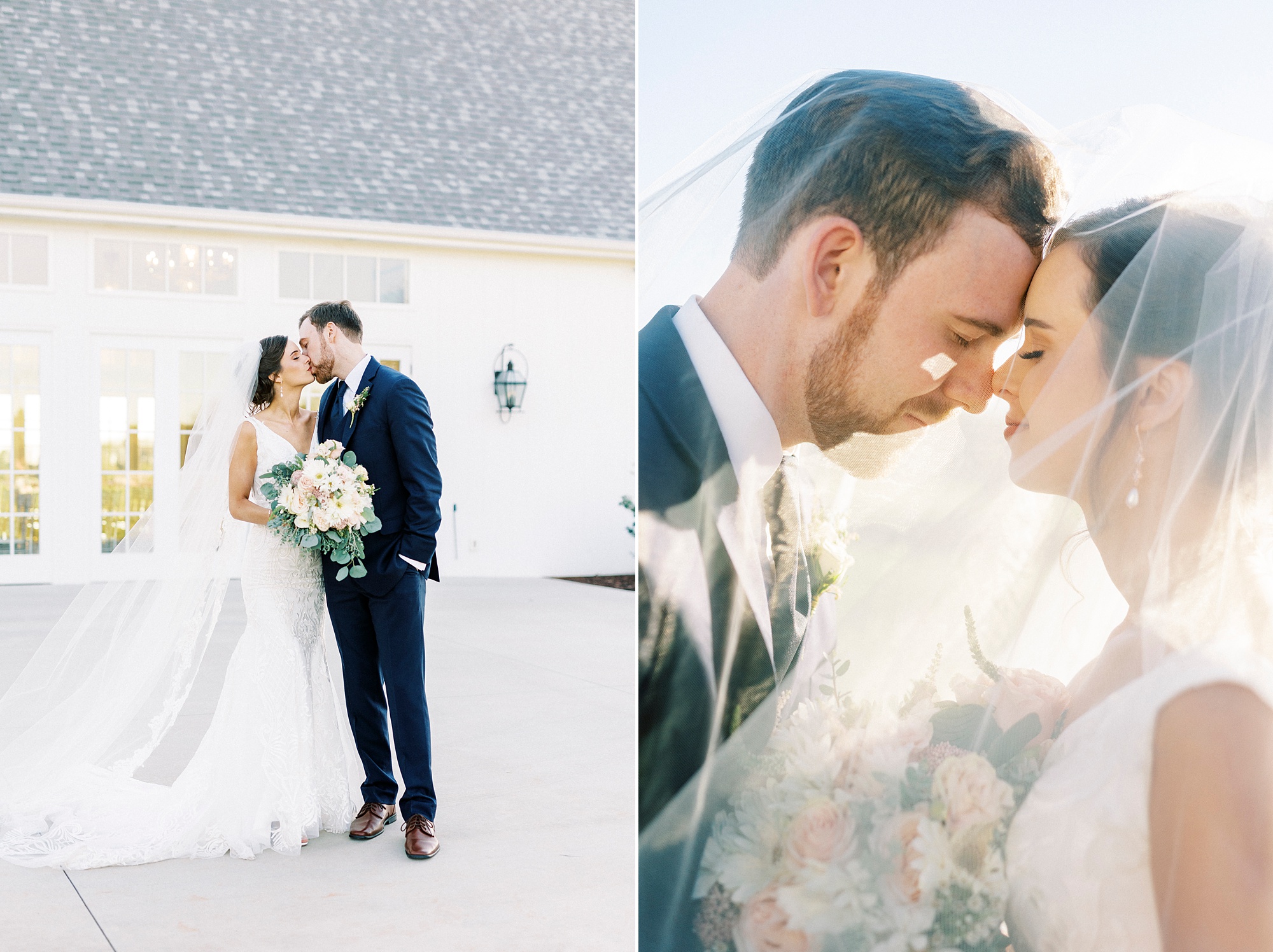bride and groom lean heads together under bride's veil 