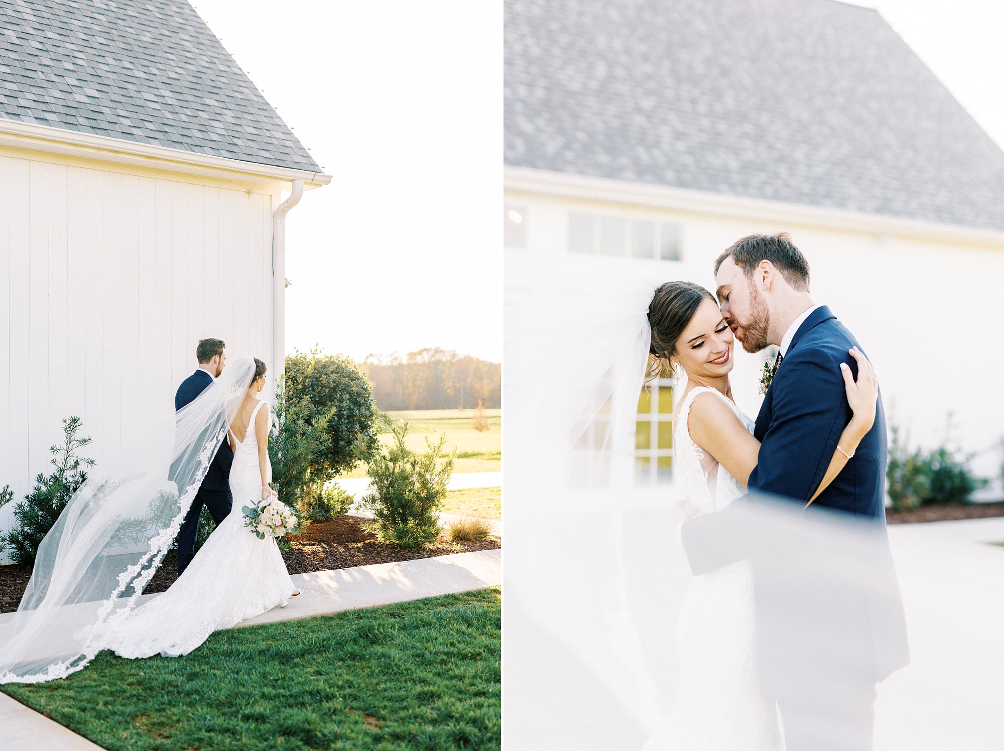 bride and groom hug with veil around them outside Chickadee Hill Farms