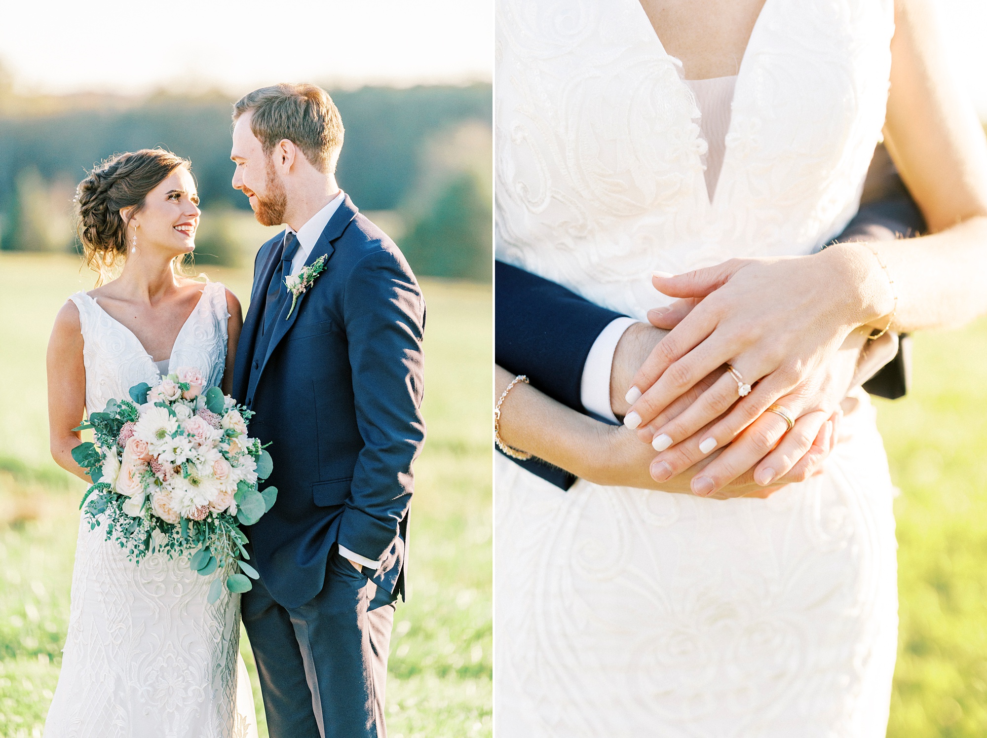 groom in navy suit hugs bride from behind on lawn at Chickadee Hill Farms