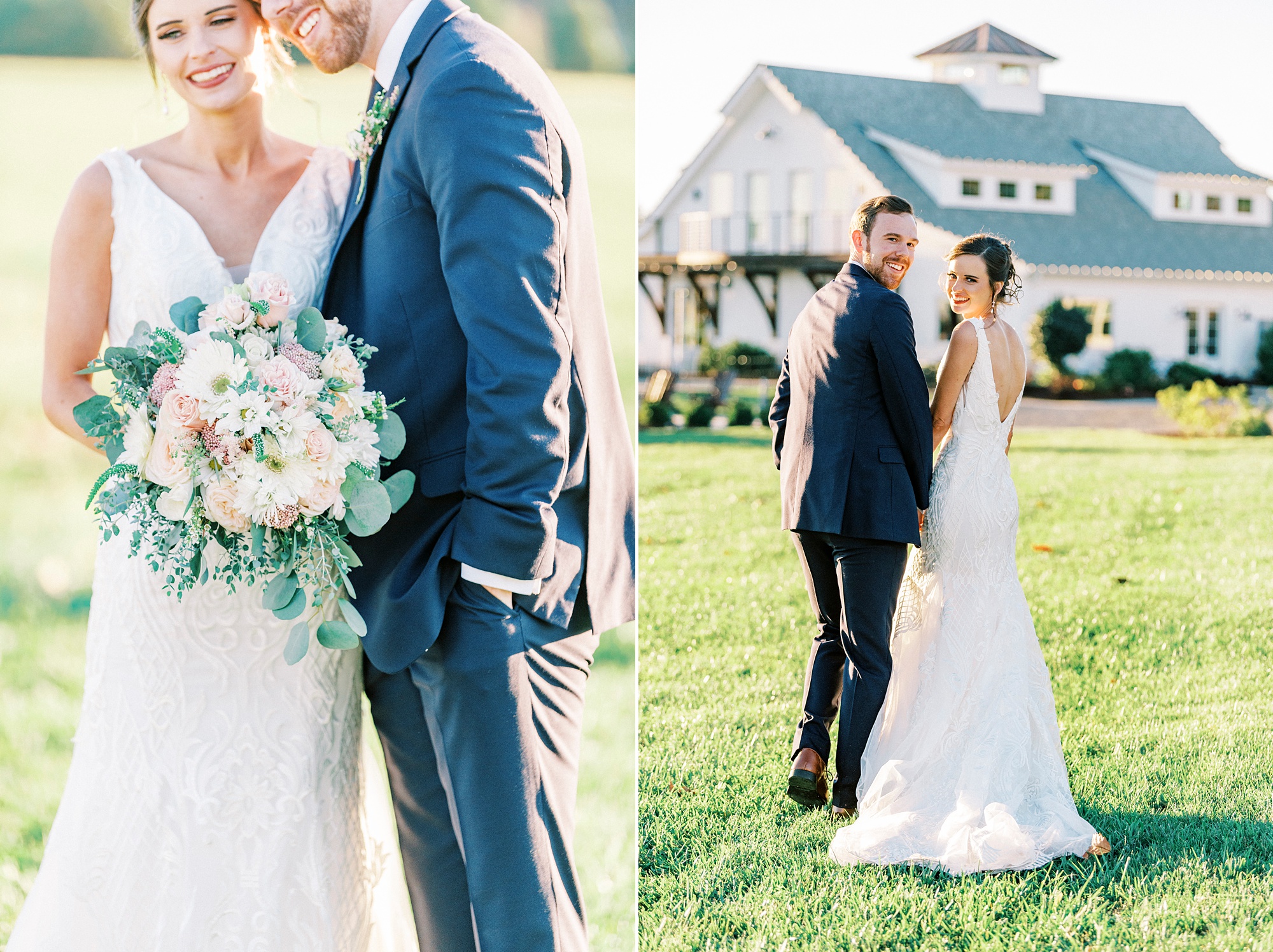 newlyweds smile holding hands looking over their shoulders in front of Chickadee Hill Farms