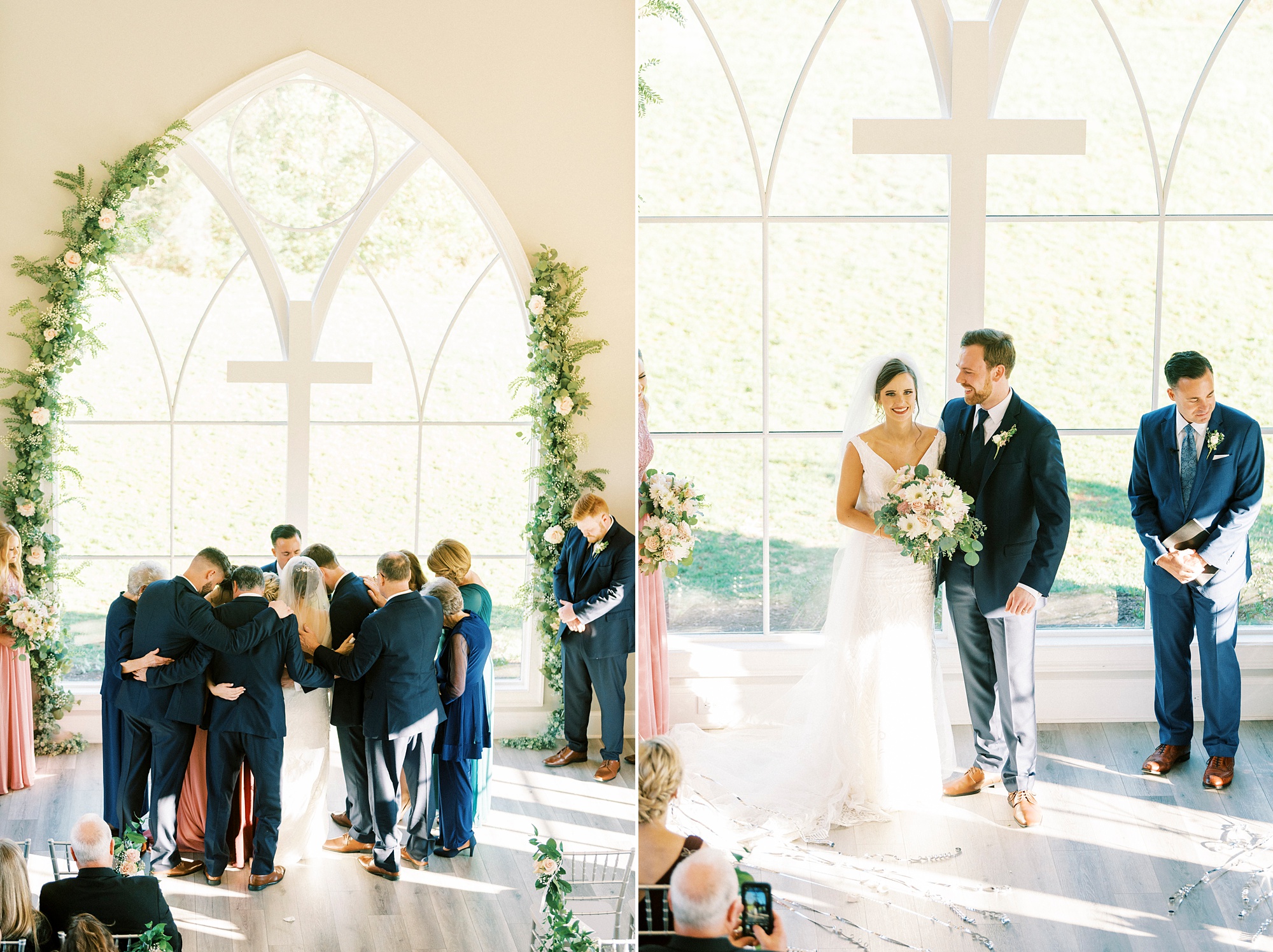 family prays around bride and groom at Chickadee Hill Farms chapel 