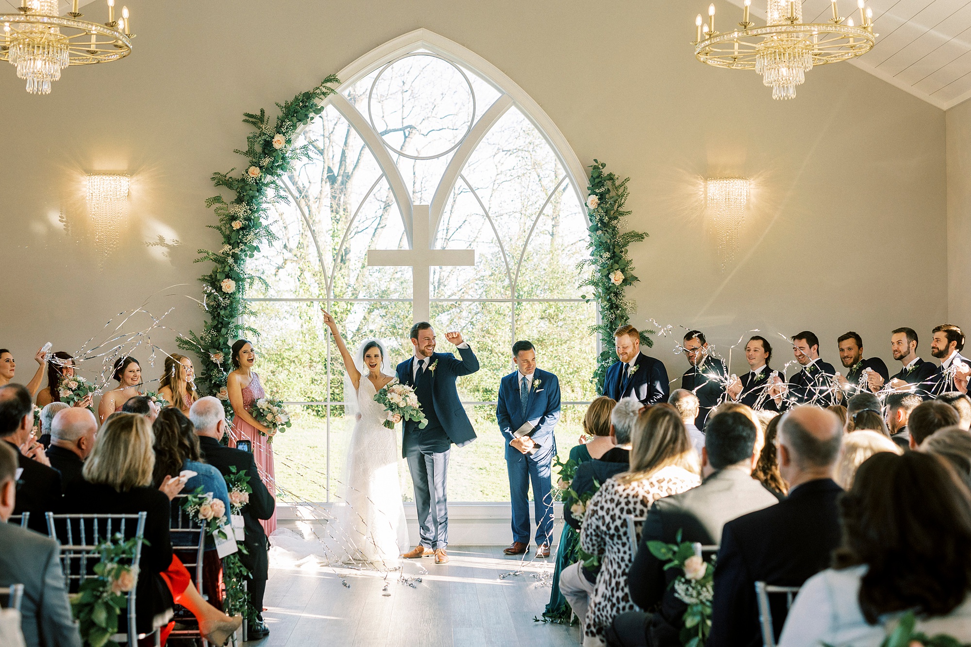 bride and groom cheer after ceremony at Chickadee Hill Farms