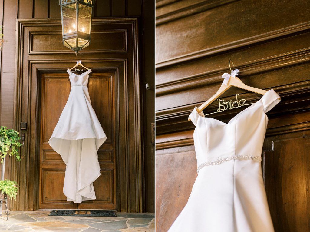 wedding dress hangs on wood paneling in Concord NC
