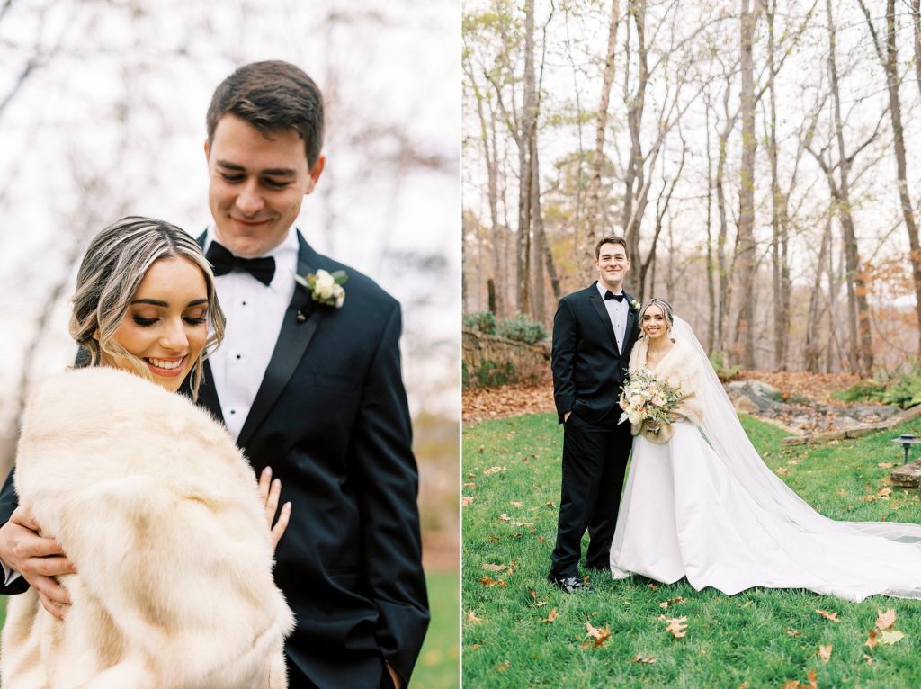bride and groom hug on lawn covered in leaves 