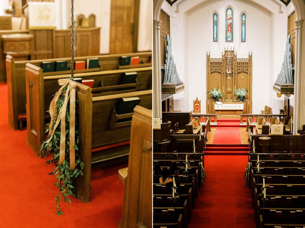 details on pews for fall wedding at St. James Lutheran Church in Concord NC