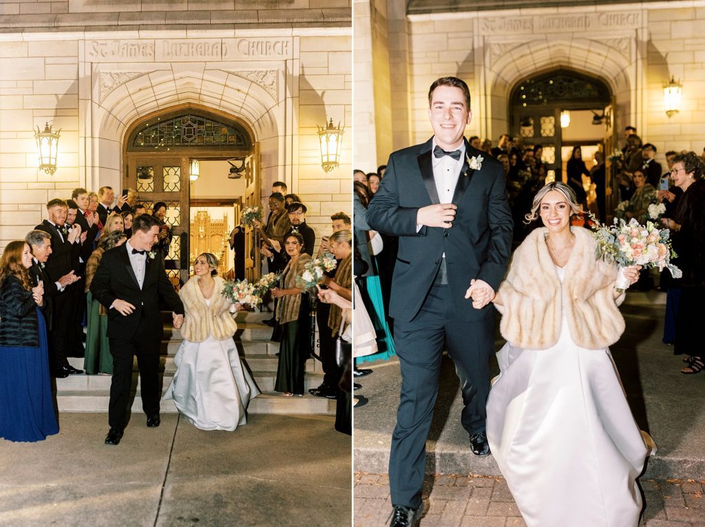 wedding guests clap for bride and groom leaving St. James Lutheran Church in Concord NC