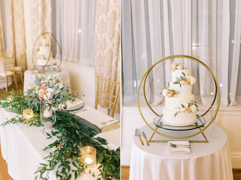 wedding cake in gold display at the Hotel Concord