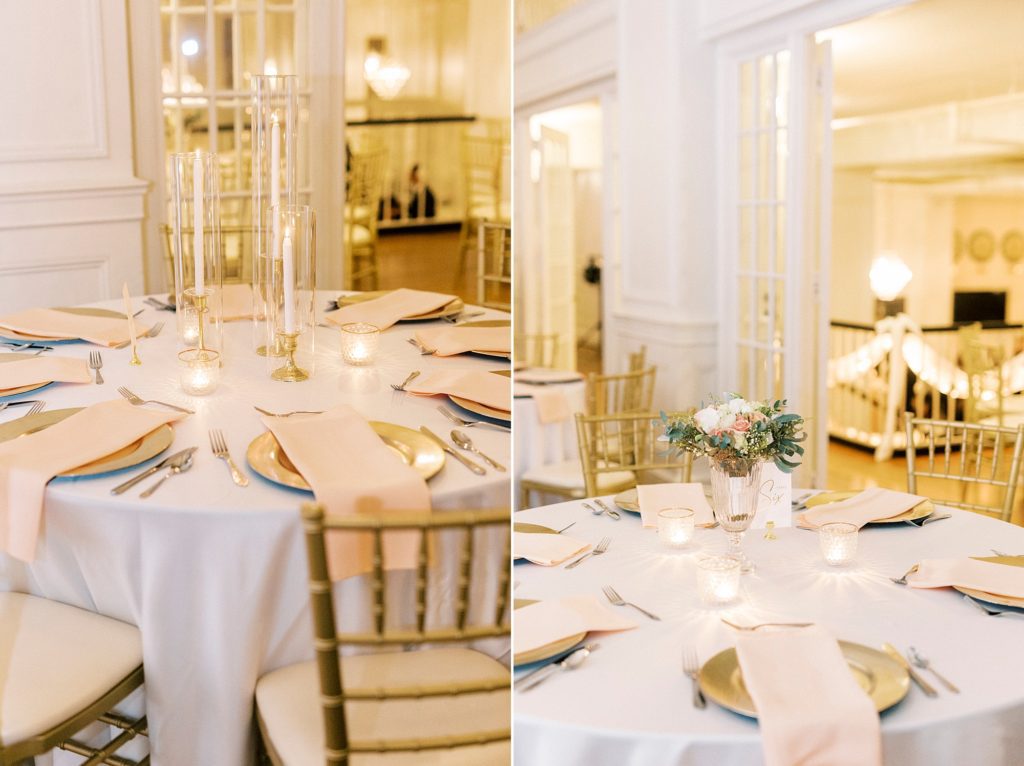 wedding reception tables with pink napkins and gold chargers at the Hotel Concord