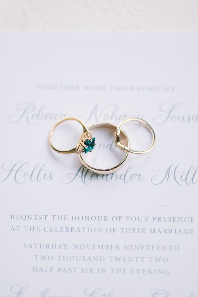gold wedding bands rest on invitation 