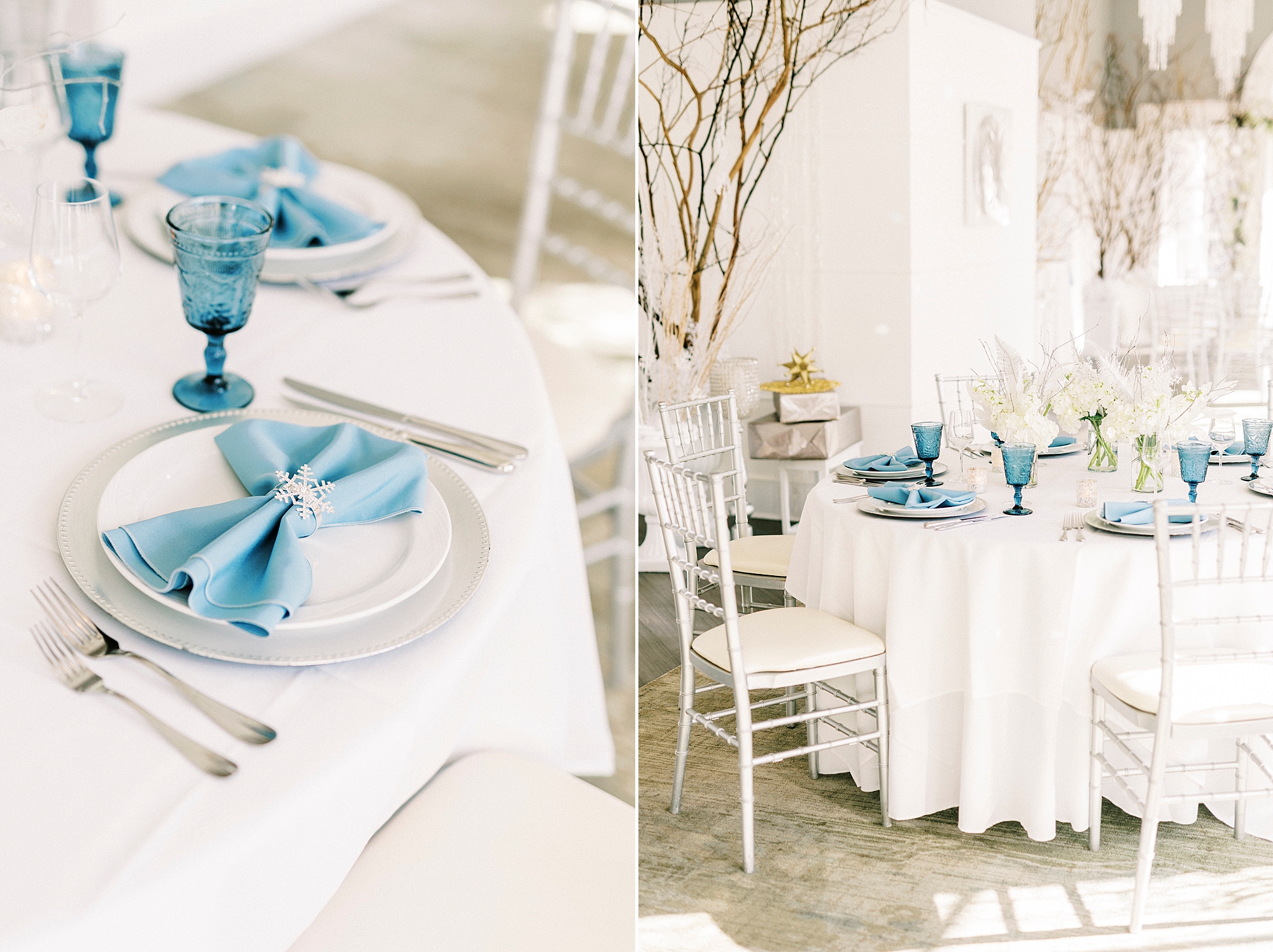 Winter Wonderland wedding at River Run Country Club with blue and ivory details