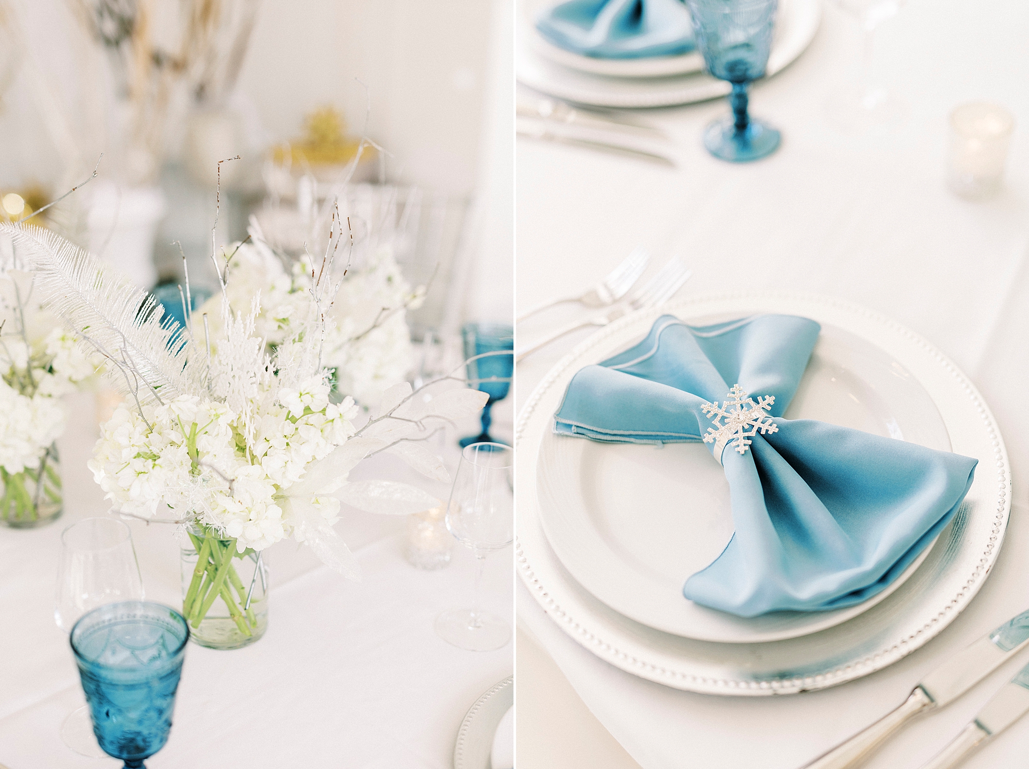 place settings with blue napkins and vintage blue glasses