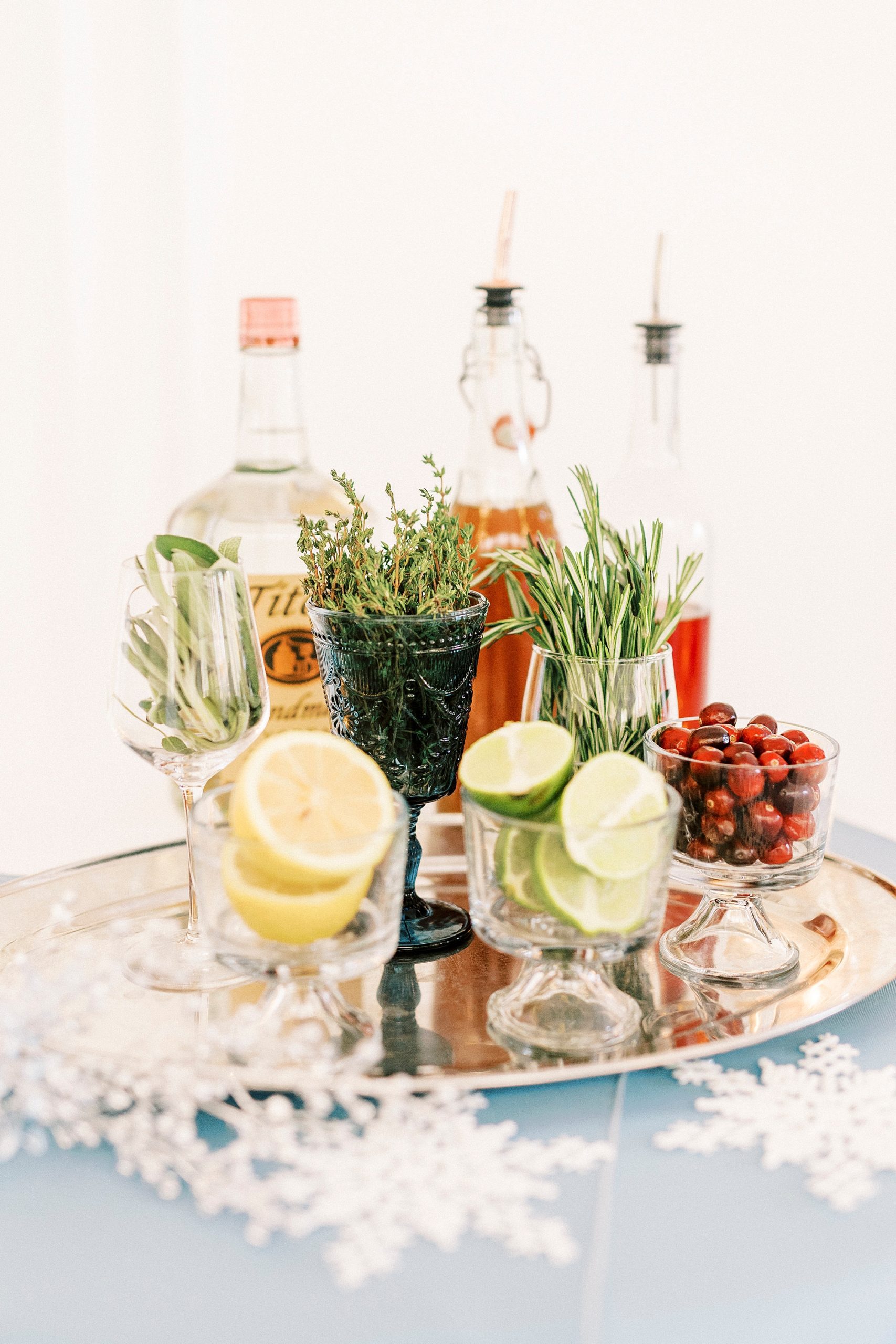 cocktail display with snowflakes for Winter Wonderland wedding at River Run Country Club
