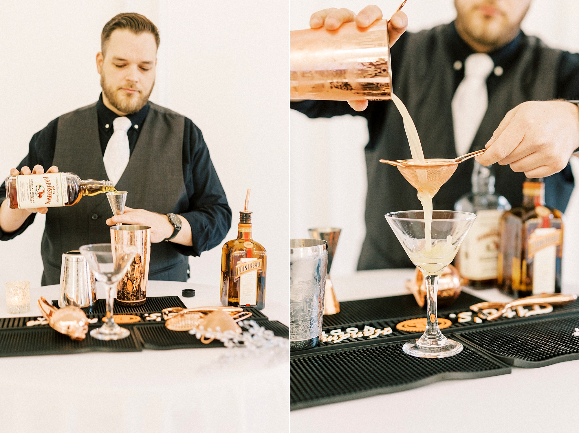 bartender pours mixed drink during NC wedding