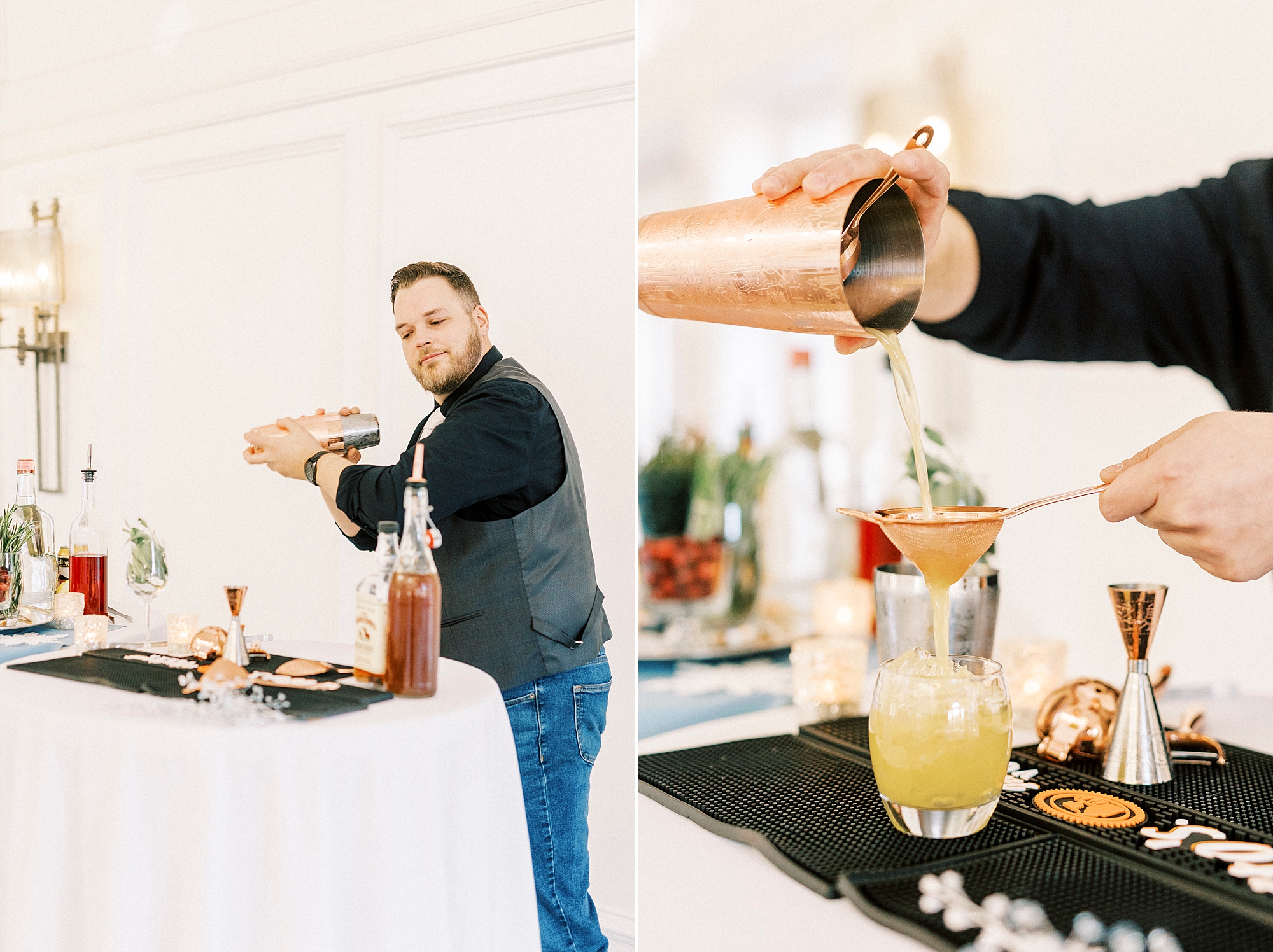 bartender pours drink during NC wedding reception