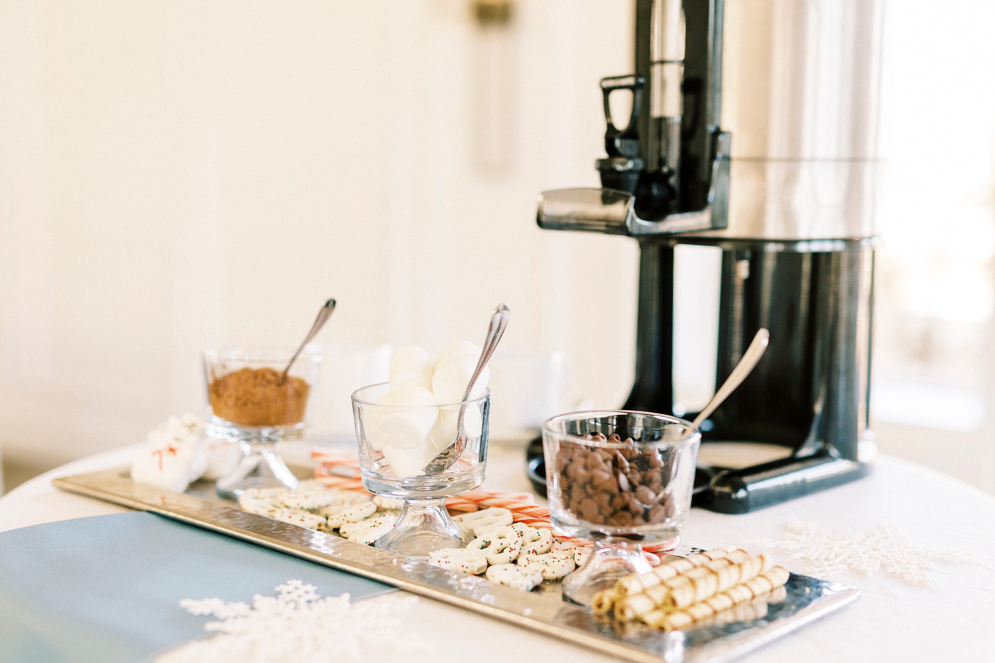 hot chocolate display for wedding reception at River Run Country Club