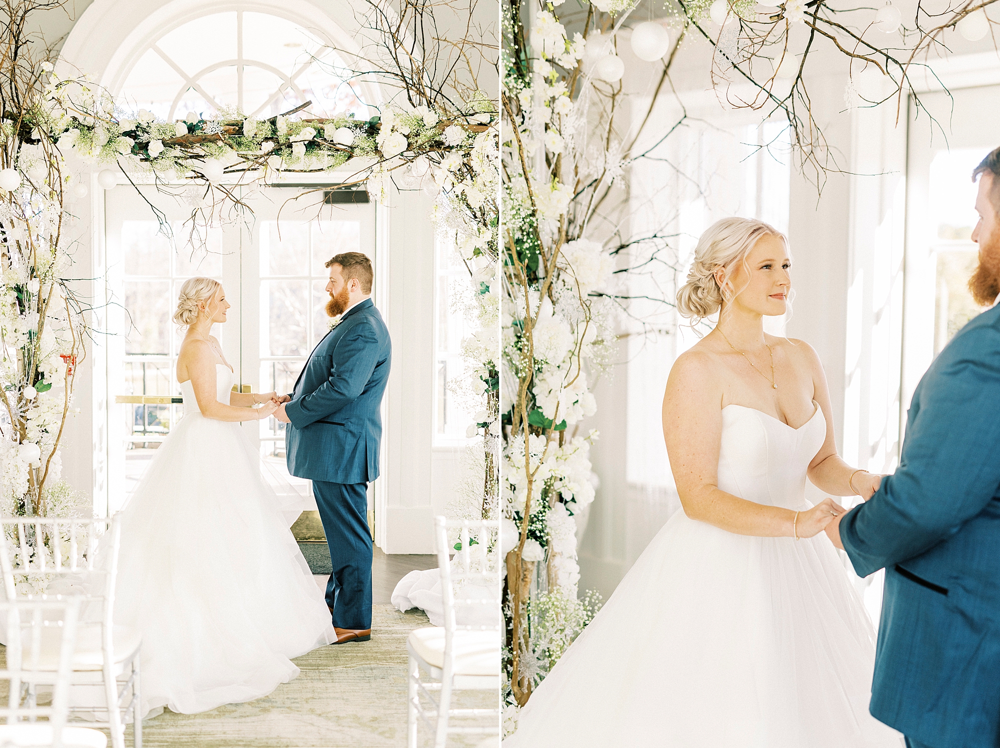 bride and groom hold hands under winter arbor during winter wonderland wedding at River Run Country Club