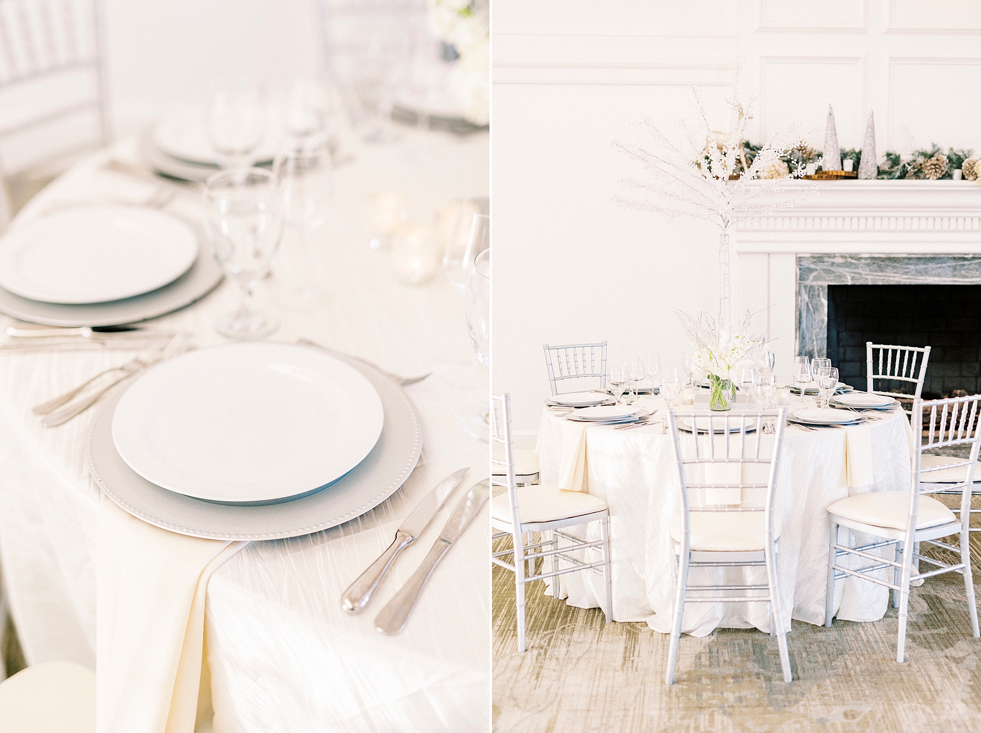 wedding reception at River Run Country Club with ivory plates and silverware