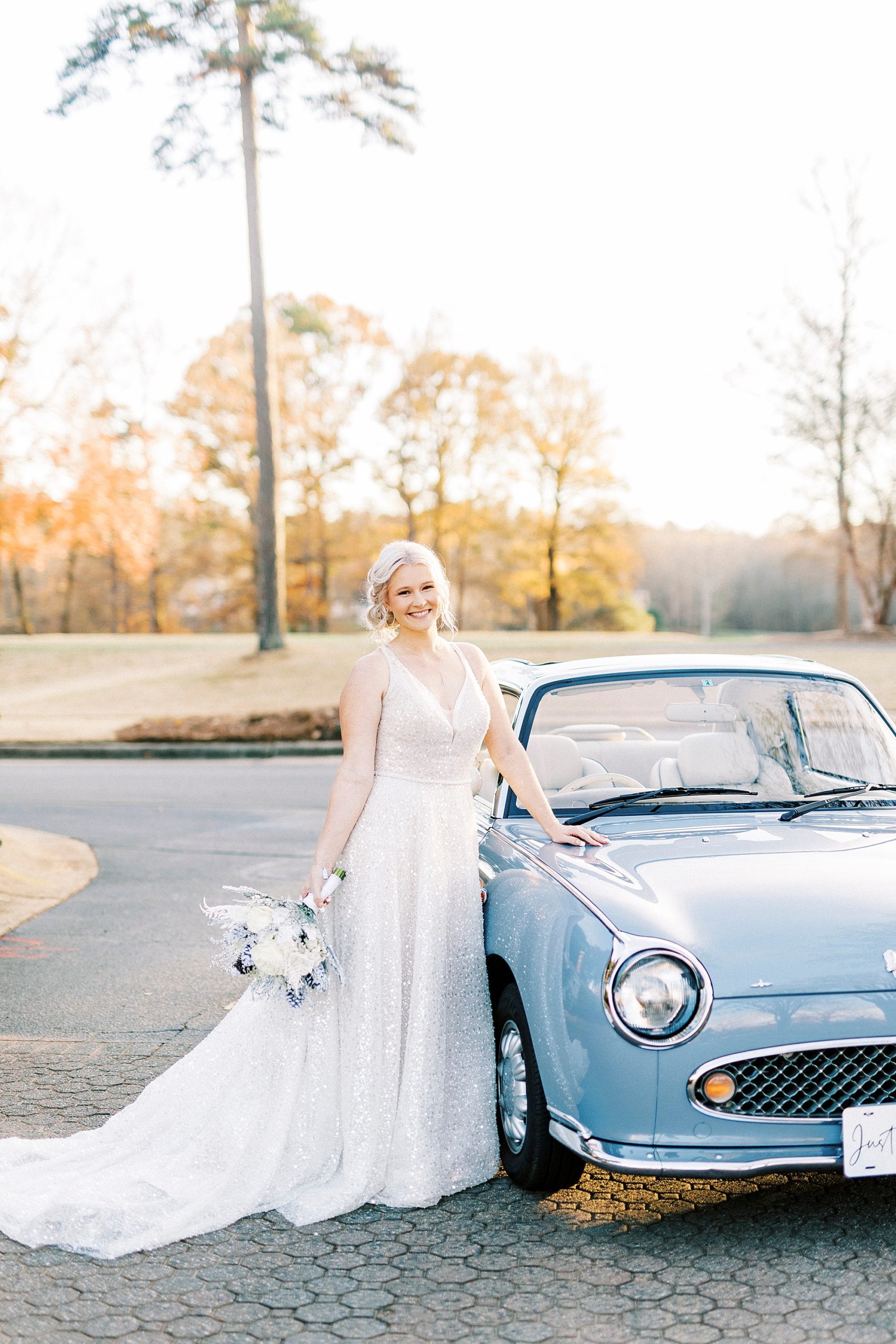 bride leans on hood of Charlotte the Figgy