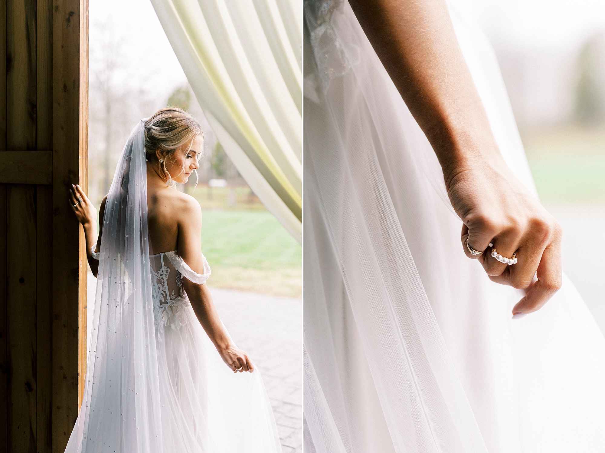 bride holds edge of wedding gown leaning against wooden door at The Farmstead 