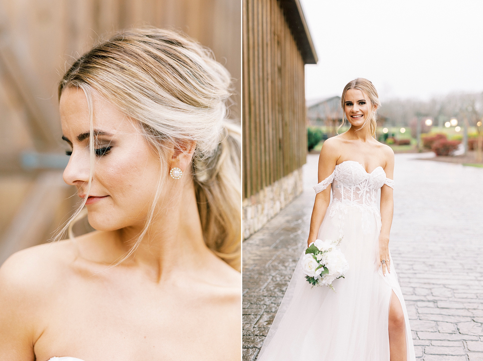 blonde bride looks over shoulder holding bouquet of white flowers with succulents by wooden barn 
