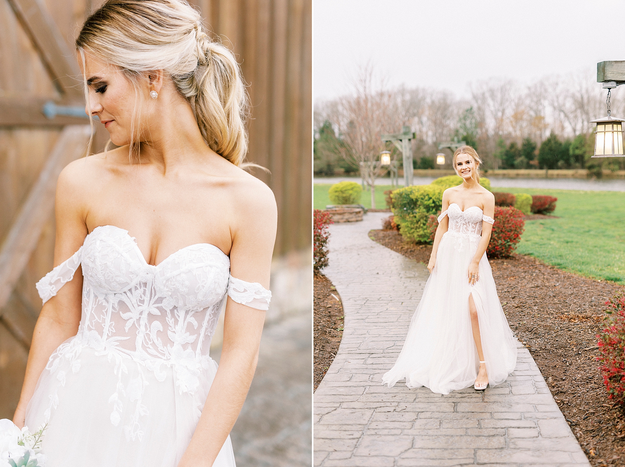 bride looks over shoulder in wedding gown with corset bodice 