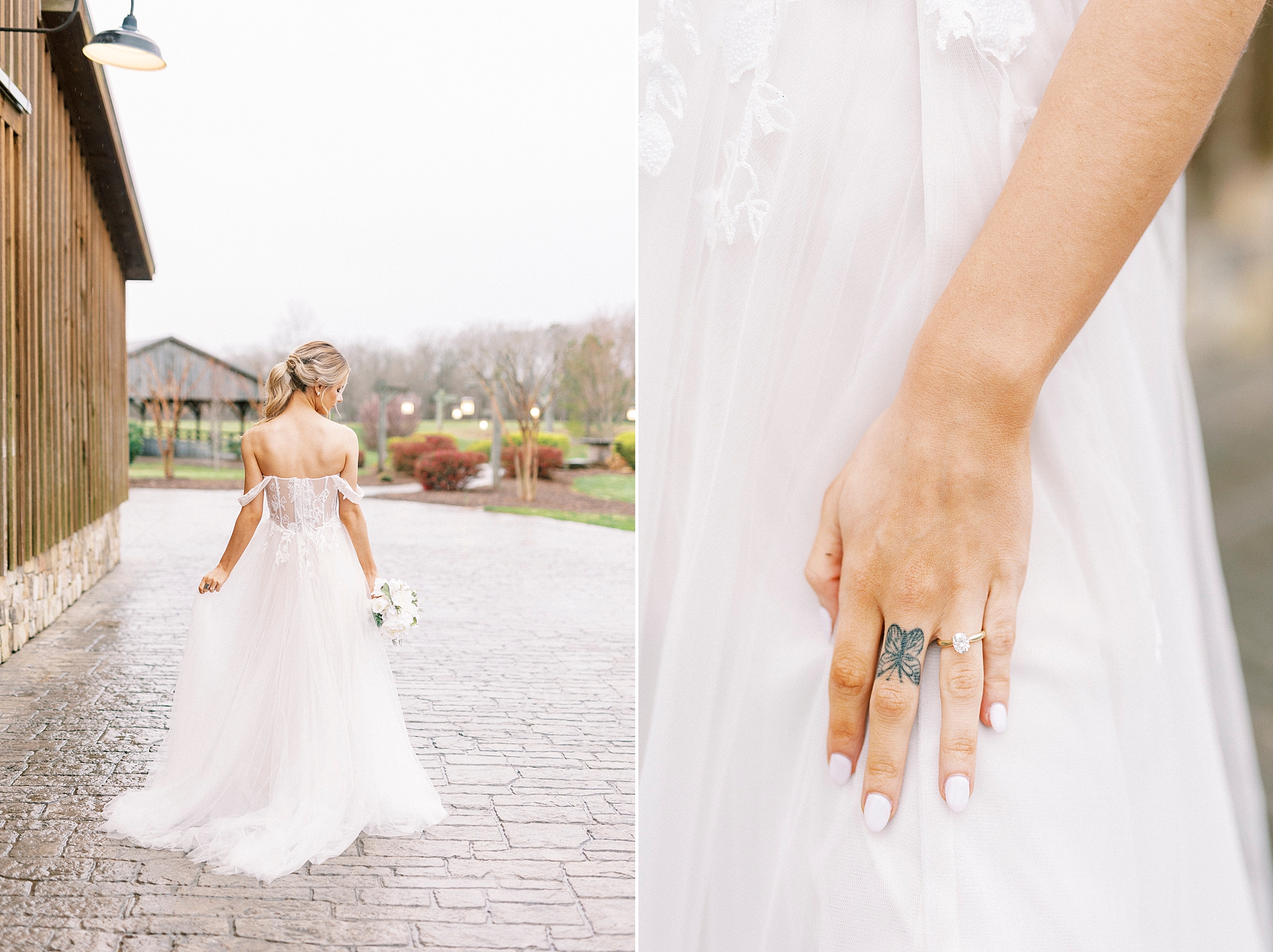 bride holds wedding gown skirt while walking down path at The Farmstead