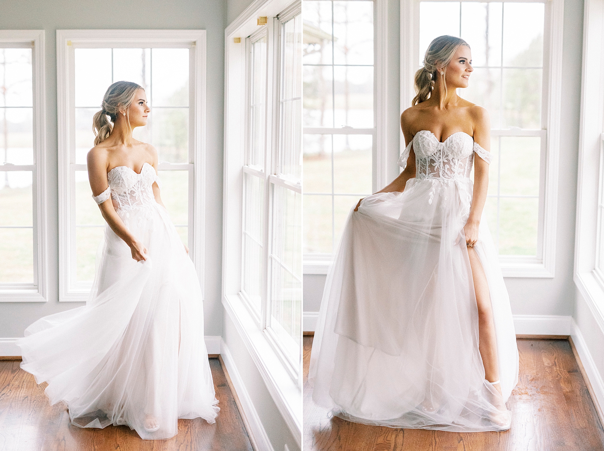 bride twirls wedding dress by window inside The Farmstead