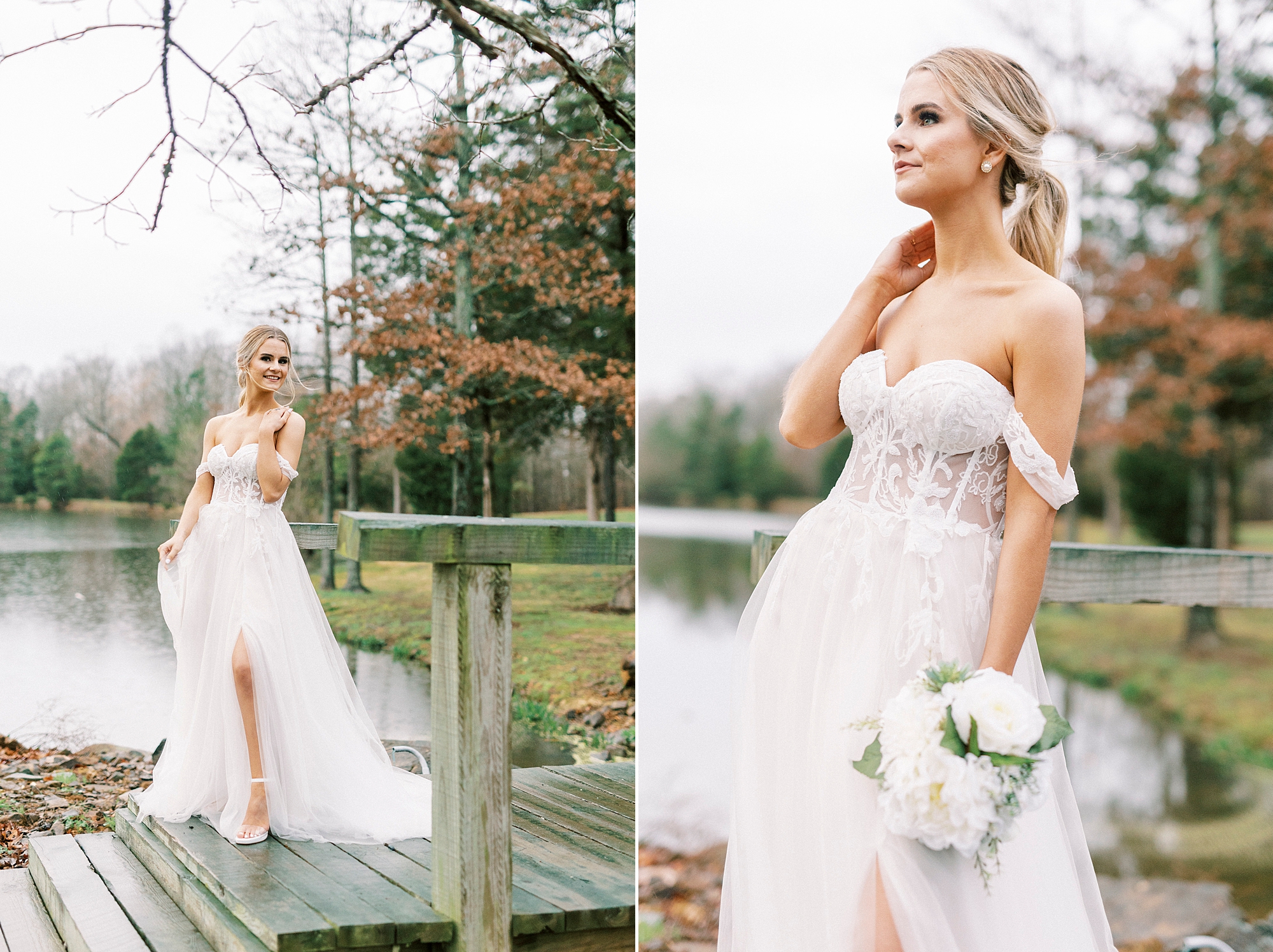 bride looks over lake at The Farmstead standing in wedding gown on Woden dock 
