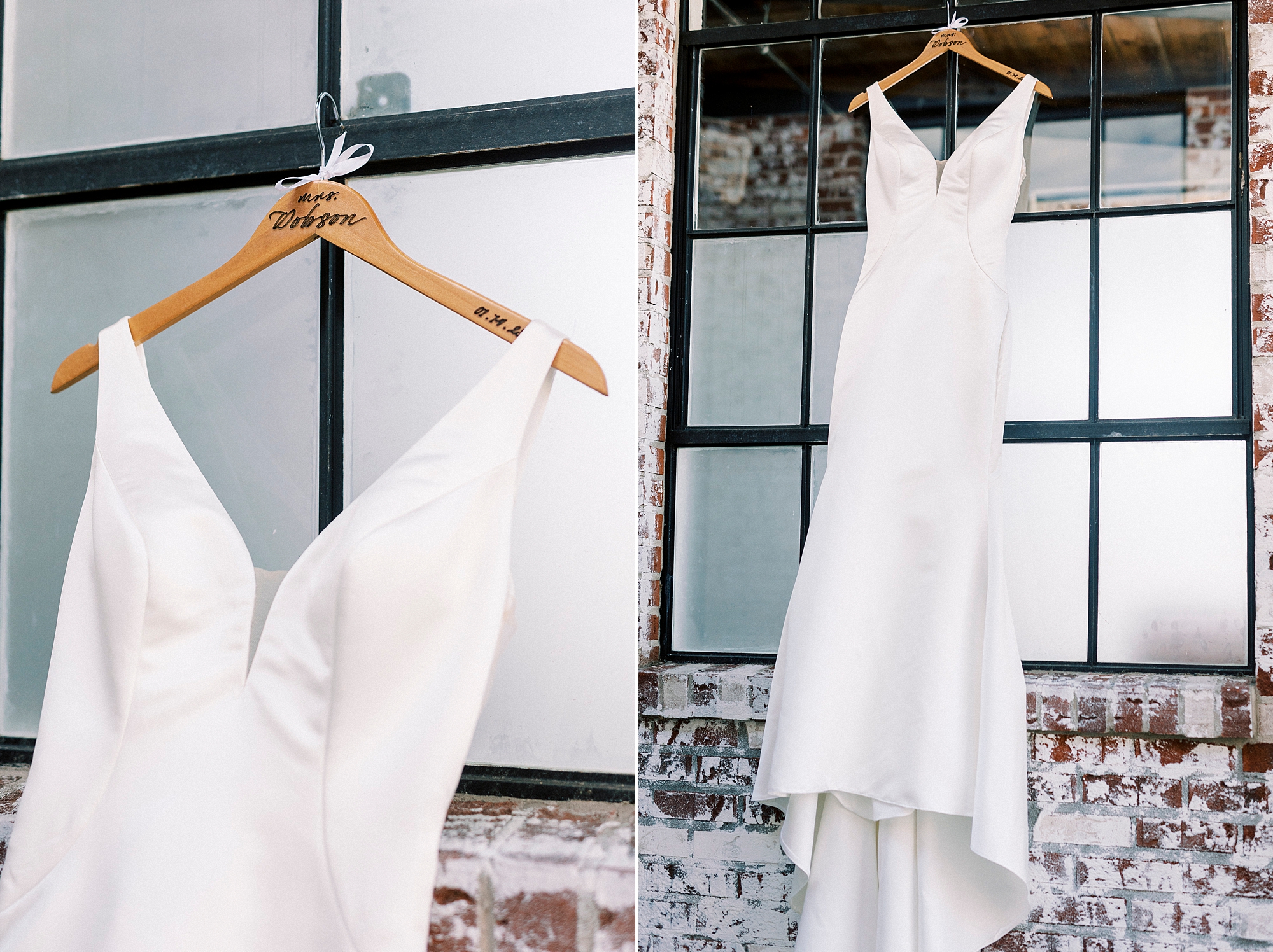 wedding dress hangs on window at the Cadillac Service Garage