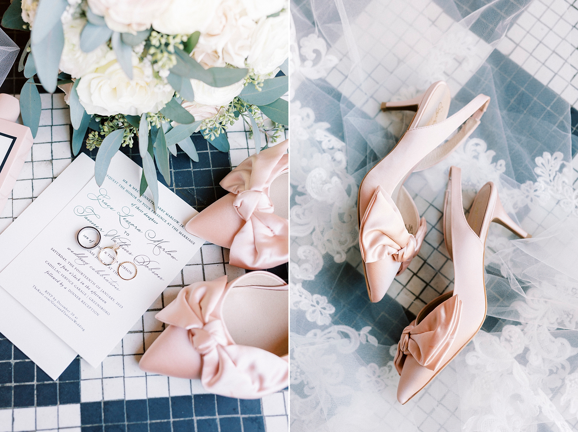 bride's pink shoes lay on veil before Cadillac Service Garage wedding