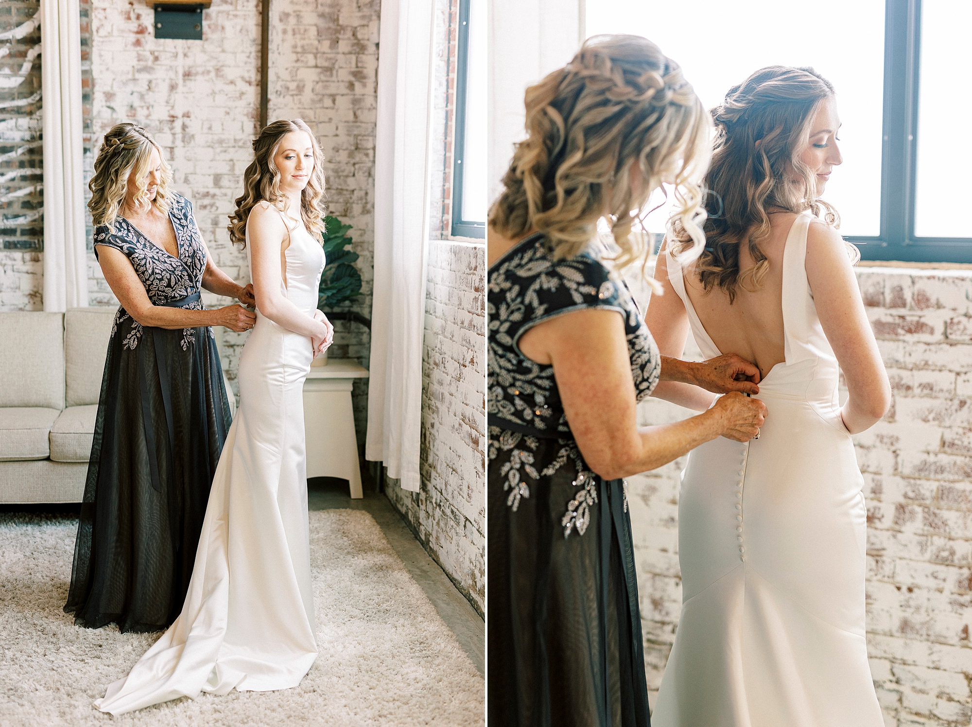 mother helps bride into wedding gown