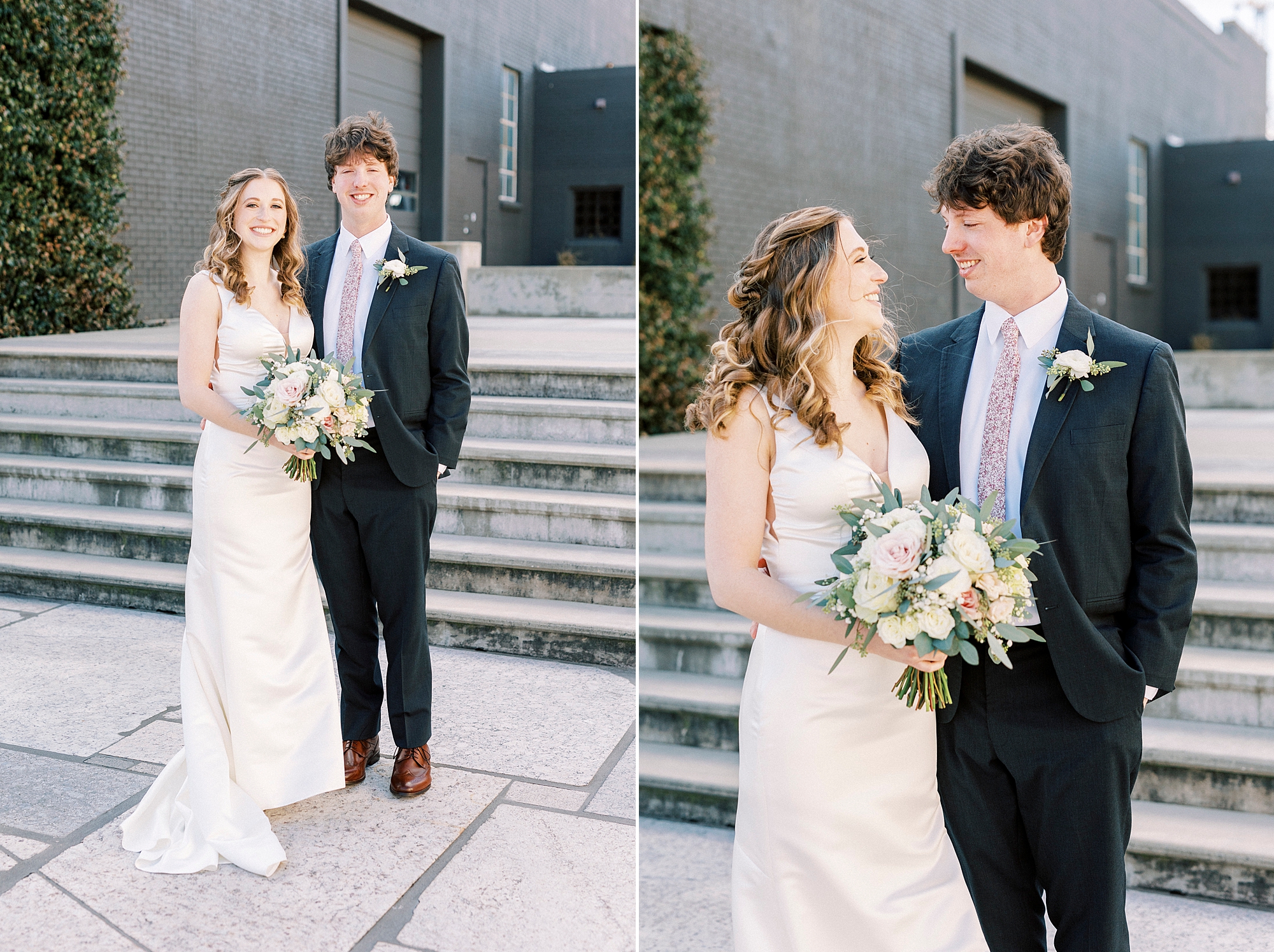 newlyweds smile outside Cadillac Service Garage hugging