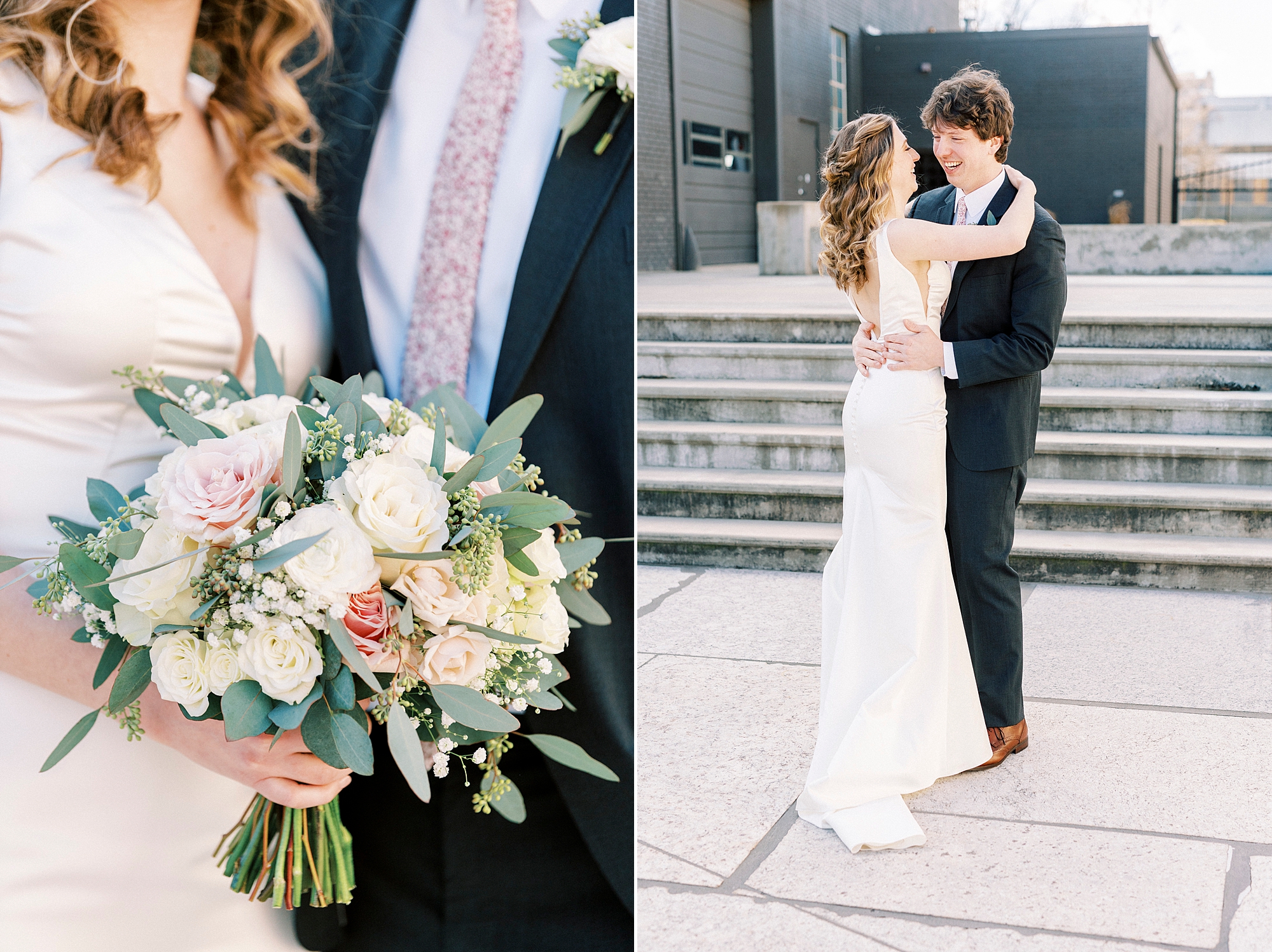 bride and groom hug by steps of the Cadillac Service Garage