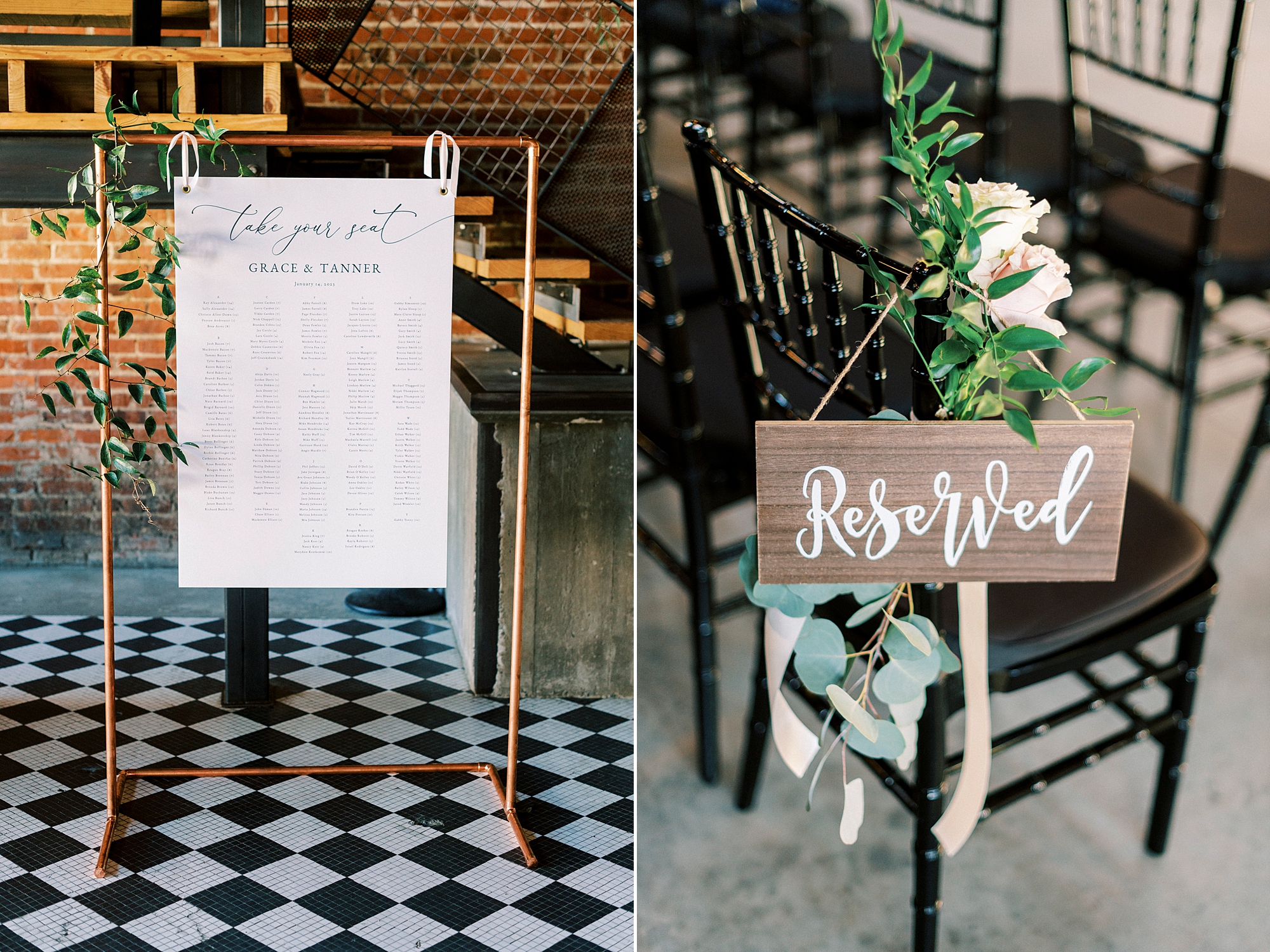 custom calligraphy reserved sign for ceremony at the Cadillac Service Garage