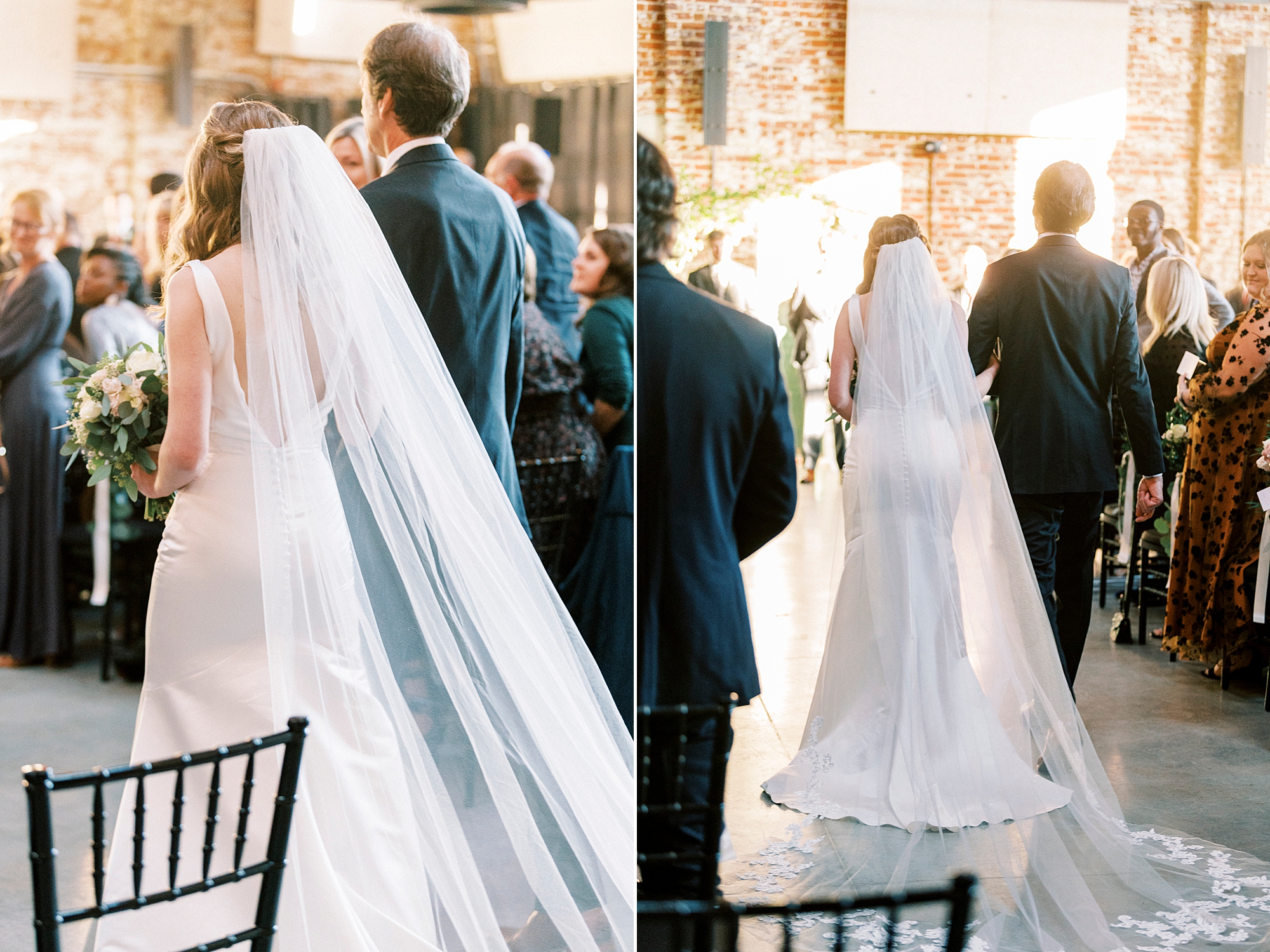 father walks bride down aisle at the Cadillac Service Garage for Christ-centered wedding ceremony in Greensboro NC 