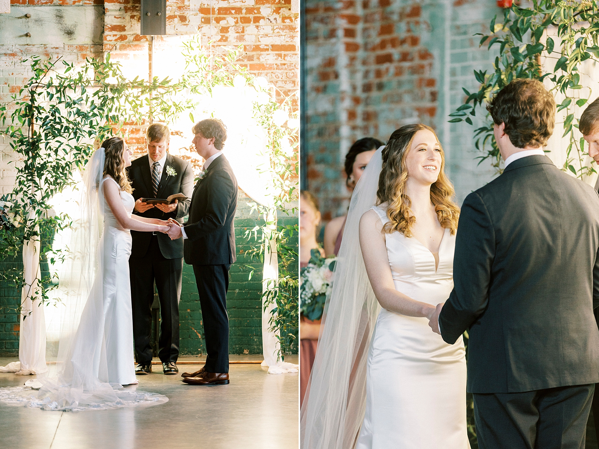 couple exchanges vows during Christ-centered wedding ceremony at the Cadillac Service Garage in Greensboro NC