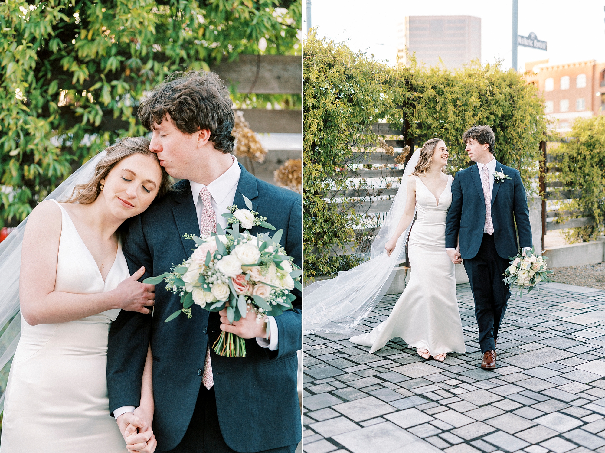 bride leans head on groom's shoulder during NC wedding photos 