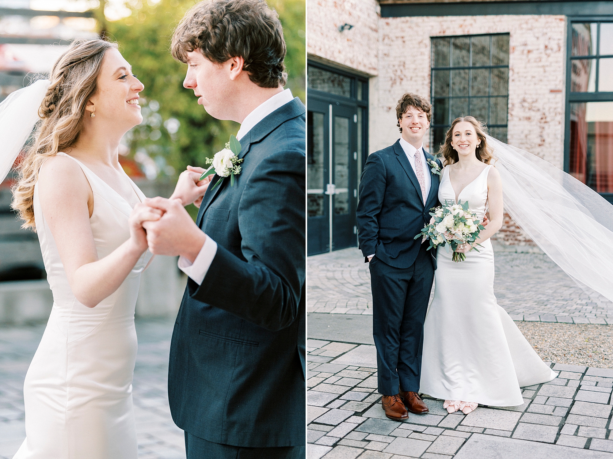 newlyweds walk on stone patio at the Cadillac Service Garage