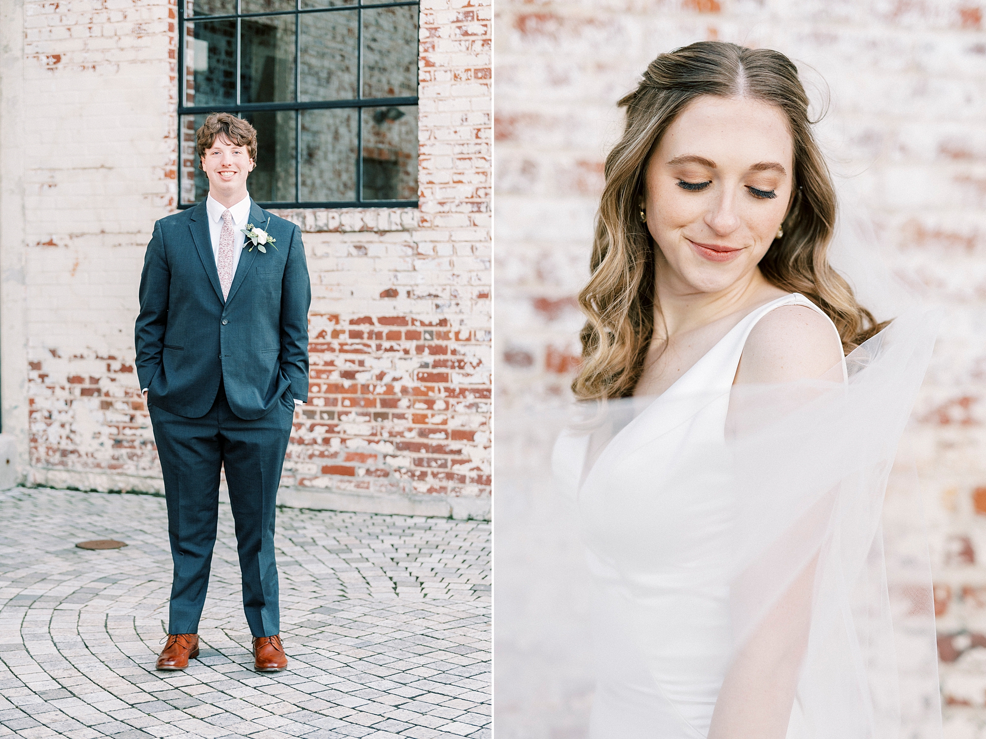 bride looks over shoulder with veil around her in front of brick wall in Greensboro NC 